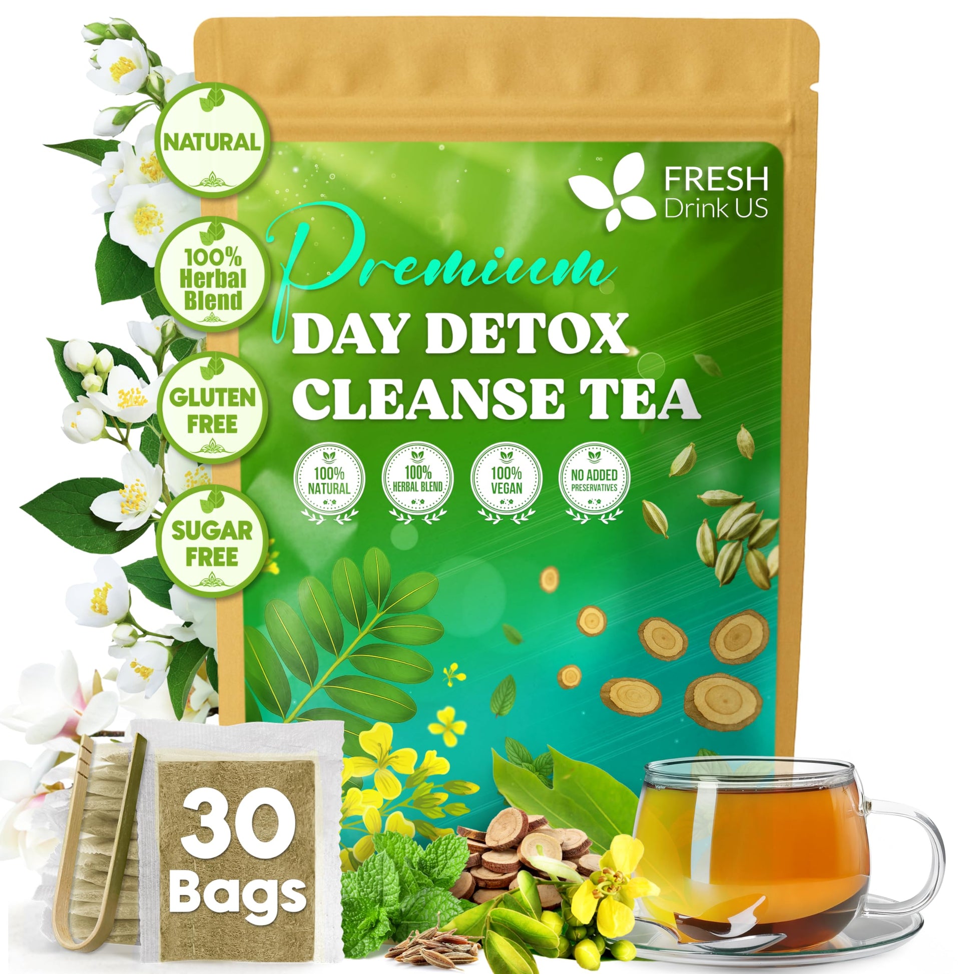 Freshdrinkus  30 Teabags Of Herbal Day Cleanse Tea - 30 Day Program | Refreshing Mint Blend With Dandelion  Senna & Hibiscus | Naturally Supports Wellness & Light-Feeling | Energy Blend-Free Herbal Tea
