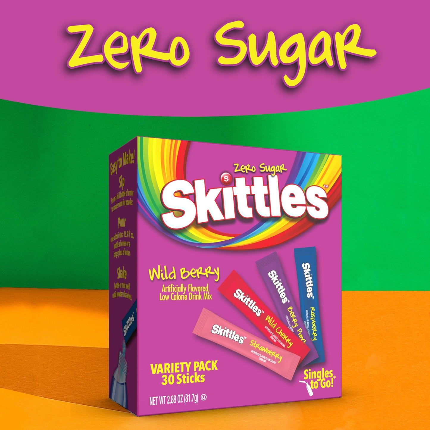 SINGLES TO GO! Skittles Singles To Go Wild Berry Variety Pack, Zero Sugar, 30 Count, Model 77S-6248