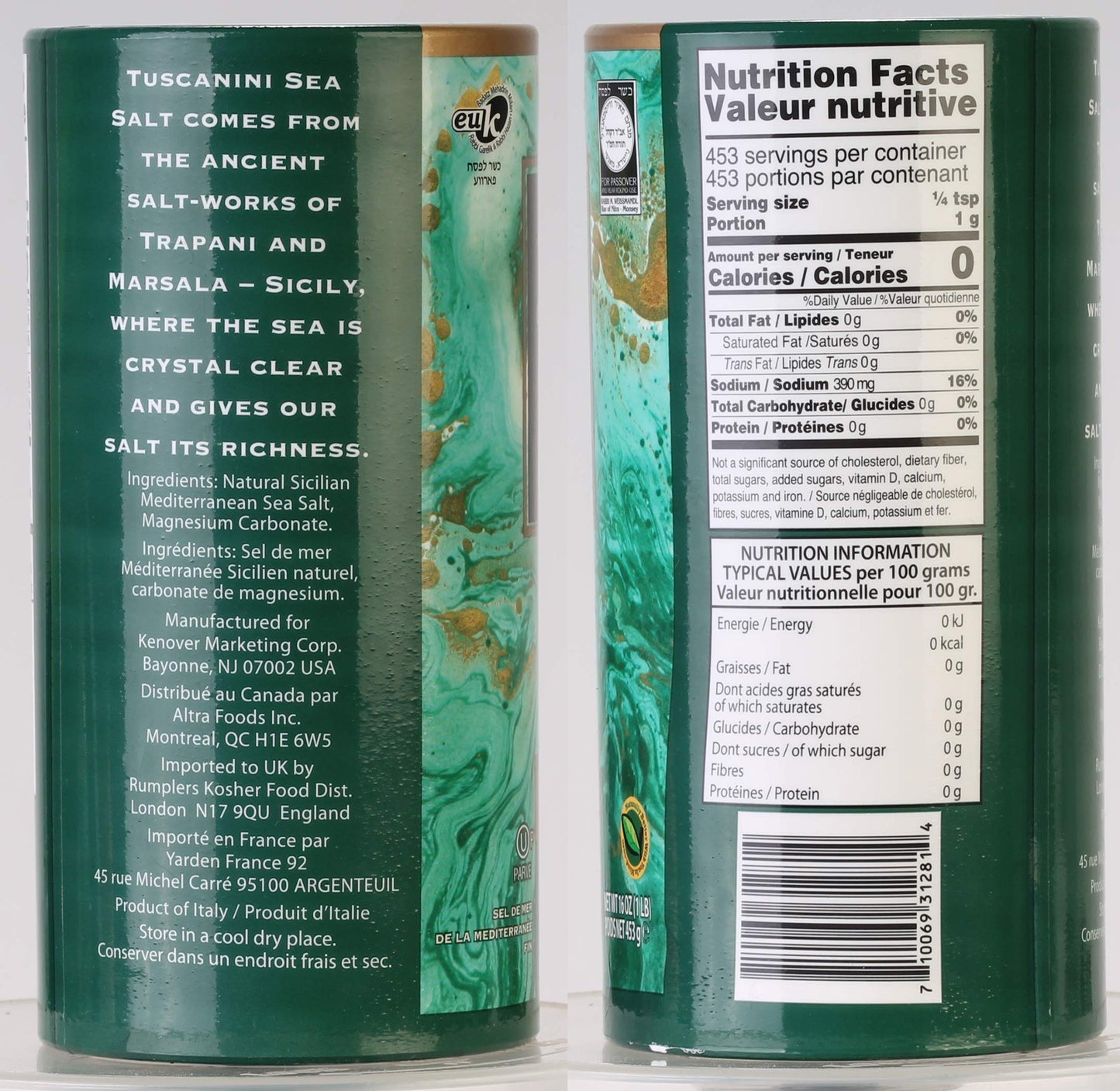Tuscanini Premium Italian Fine Sea Salt, Mediterranean Sea Salt, 16oz Tube, 1 Pound