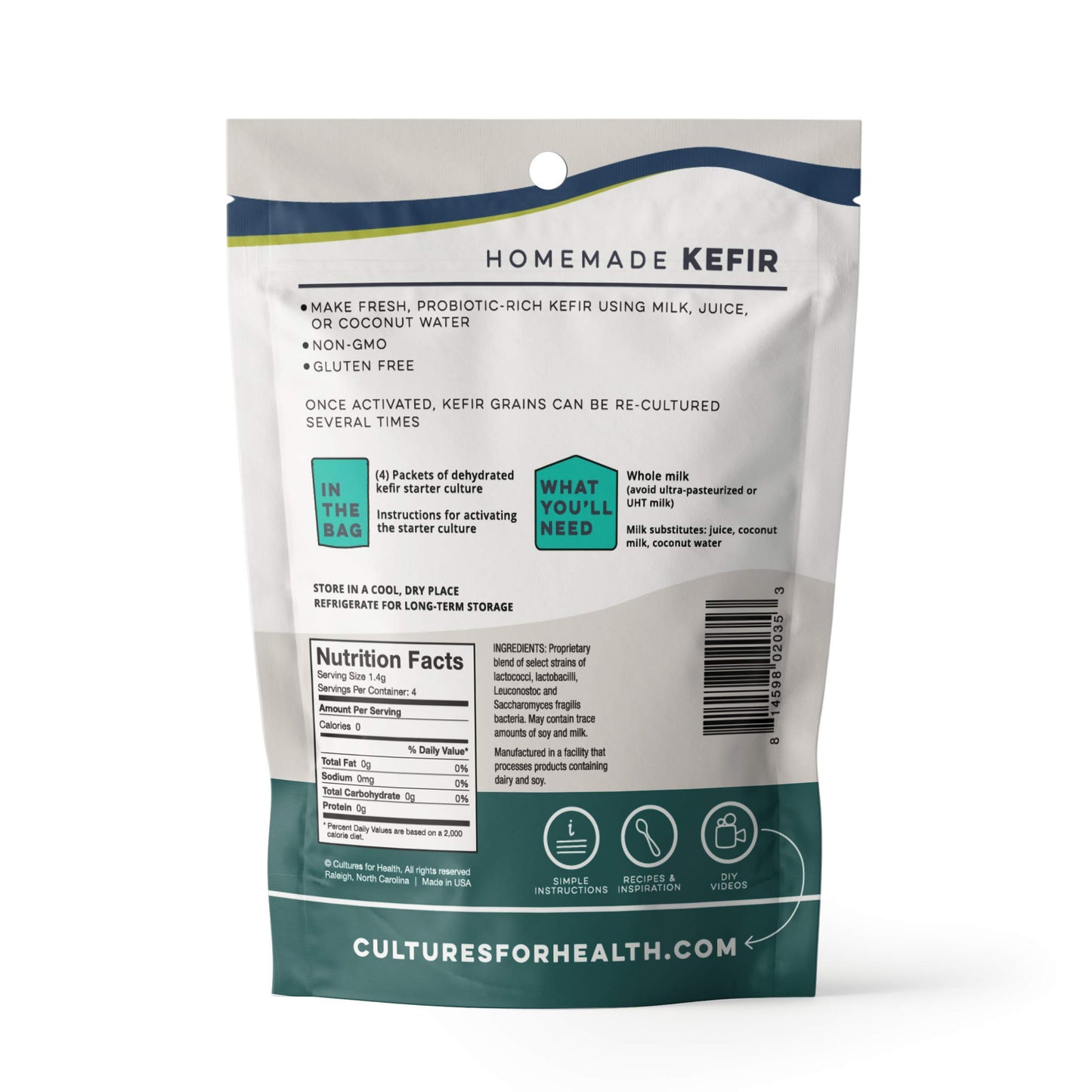 Cultures For Health Kefir Starter Culture - 4 Packets Freeze Dried Powder - Makes Kefir with Milk, Water, or Juice - 0.05 Ounce Each