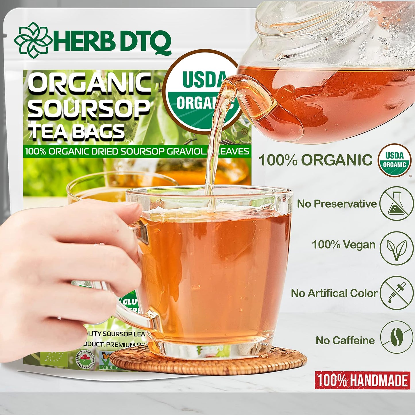 USDA Organic Soursop Leaves Tea Bags  100% ORGANIC and Pure Soursop Graviola Leaves - Hojas De Guanabana Tea - Non-GMO - Caffeine-free - Improve Digestion  Support Healthy Skin & Sleep  Eco-Conscious Corn Fiber Tea Bags. Organic Graviola Tea