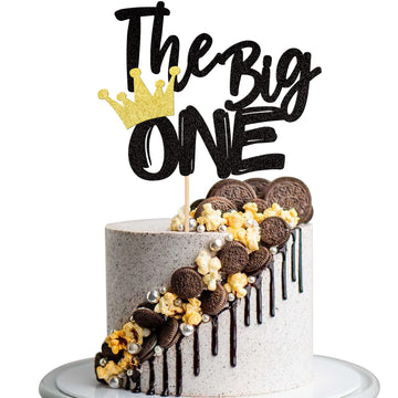 1 Pcs The Big One Cake Topper Black Glitter The Notorious One Cake Pick Crown Hip Hop 1St Birthday Cake Decorations For Baby Sho