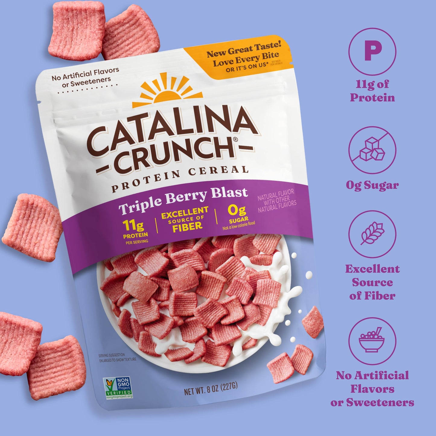 Catalina Crunch High Fiber Cereal 4-Pack, Low Carb, Sugar Free, Gluten Free, Vegan, 8 Ounce, Triple Berry Blast