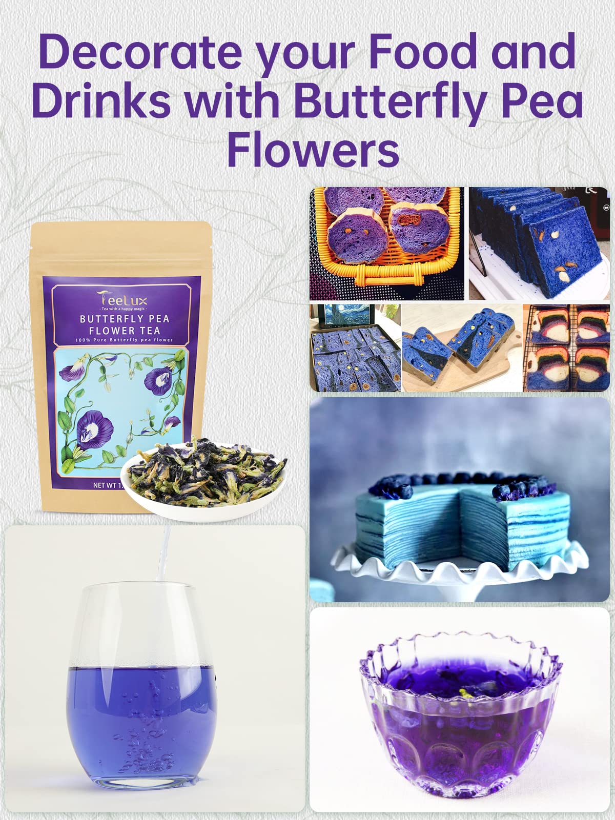 TeeLux Butterfly Pea Flower Tea, Non-GMO, Premium Dried Flowers, 1.76 Oz