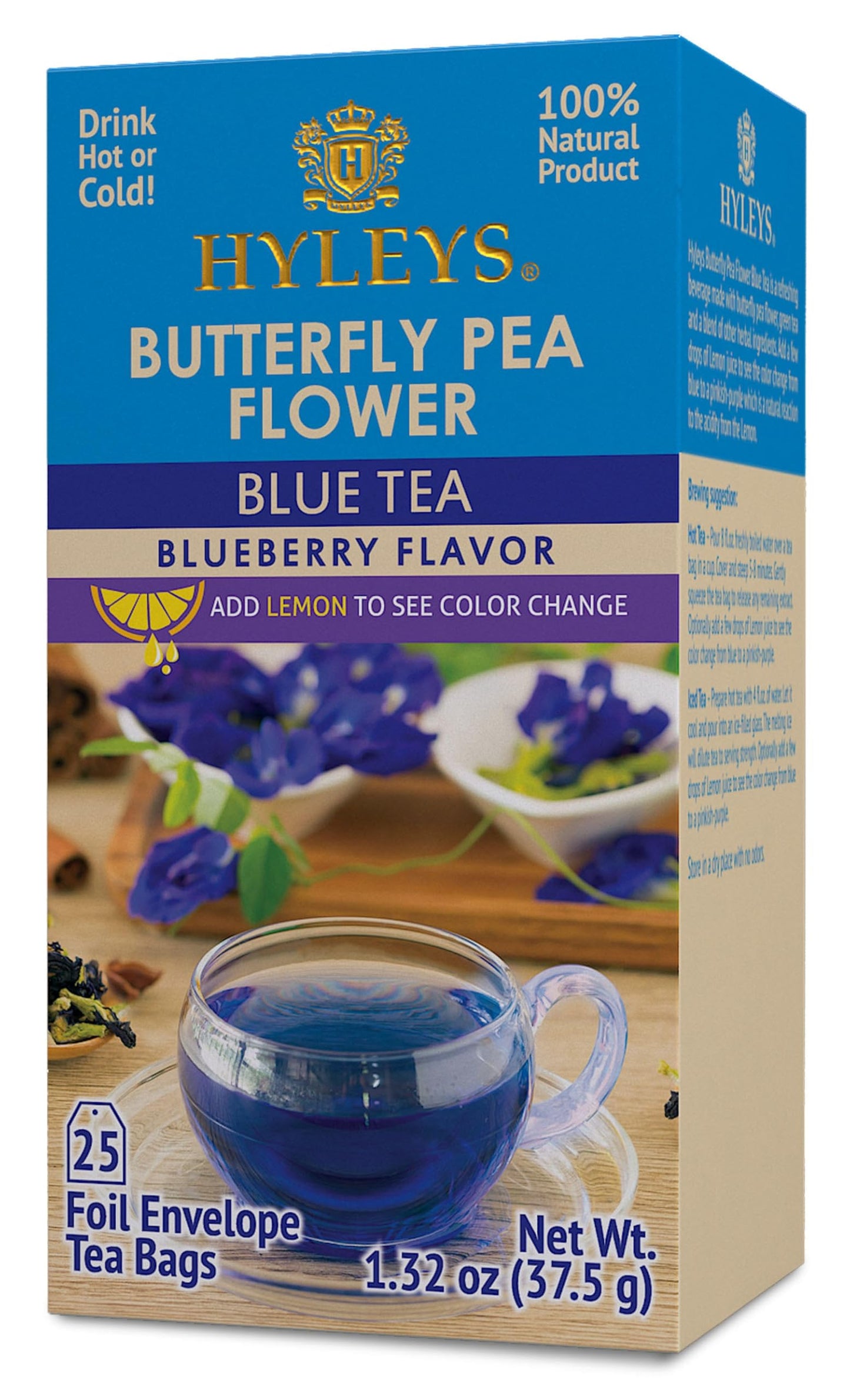 Hyleys Butterfly Pea Flower Tea - Blue Tea With Natural Blueberry Flavor - 25 Tea Bags - Green Tea, Chamomile, Cinnamon, Lemongr