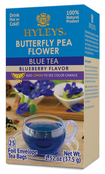 Hyleys Butterfly Pea Flower Tea - Blue Tea With Natural Blueberry Flavor - 25 Tea Bags - Green Tea, Chamomile, Cinnamon, Lemongr