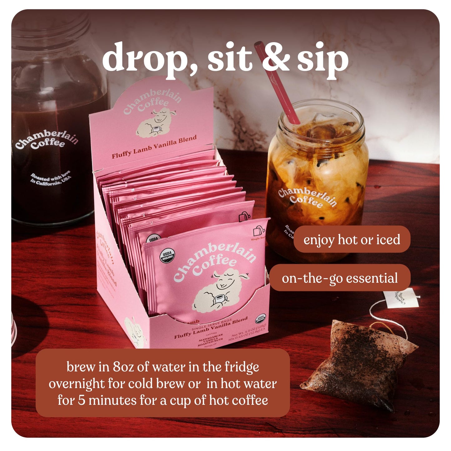Chamberlain Coffee Fluffy Lamb Vanilla Cold Brew Singles - Cold Brew Coffee Bags With Notes Of Vanilla & Roasted Nuts - 10 Single Serve Cold Brew Sachets