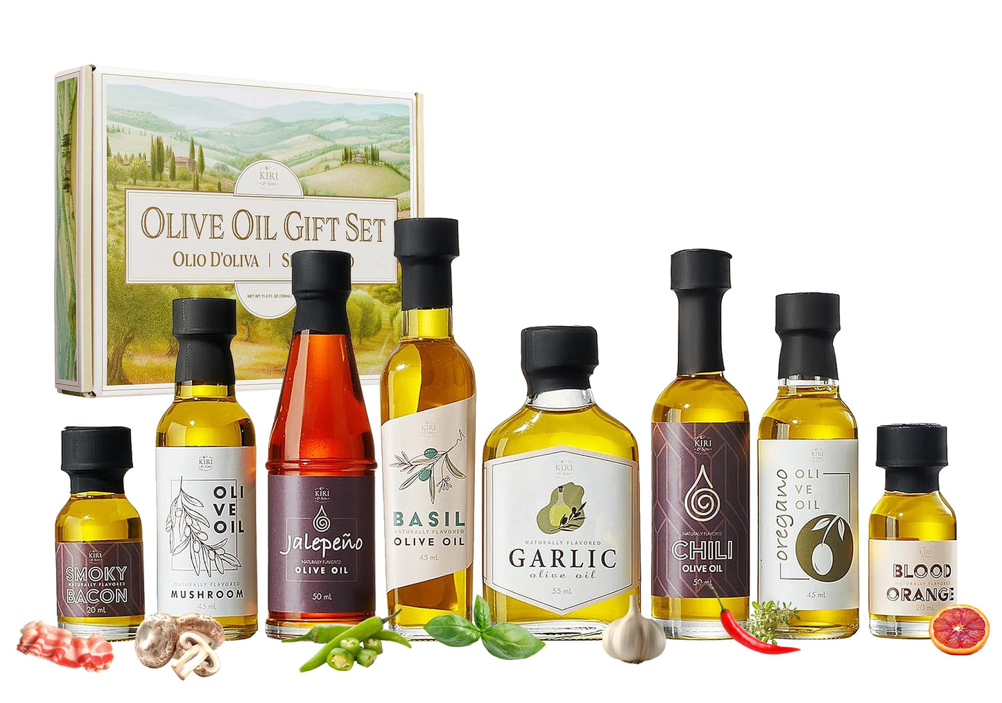 Kiri & Sons Olive Oil Gourmet Sampler Gift Set of 8 - Premium Extra-Virgin Olive Oil Made In Spain, Natural Flavors Include Mush