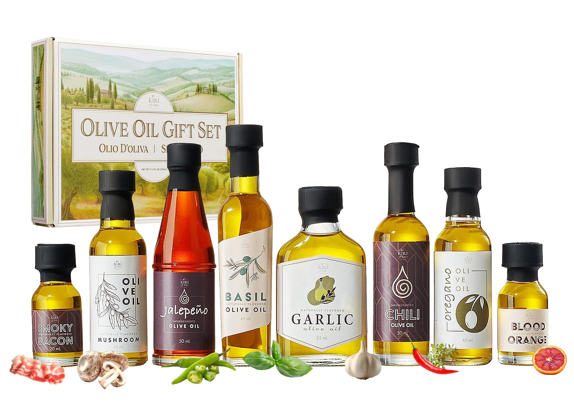 Kiri & Sons Olive Oil Gourmet Sampler Gift Set of 8 - Premium Extra-Virgin Olive Oil Made In Spain, Natural Flavors Include Mush