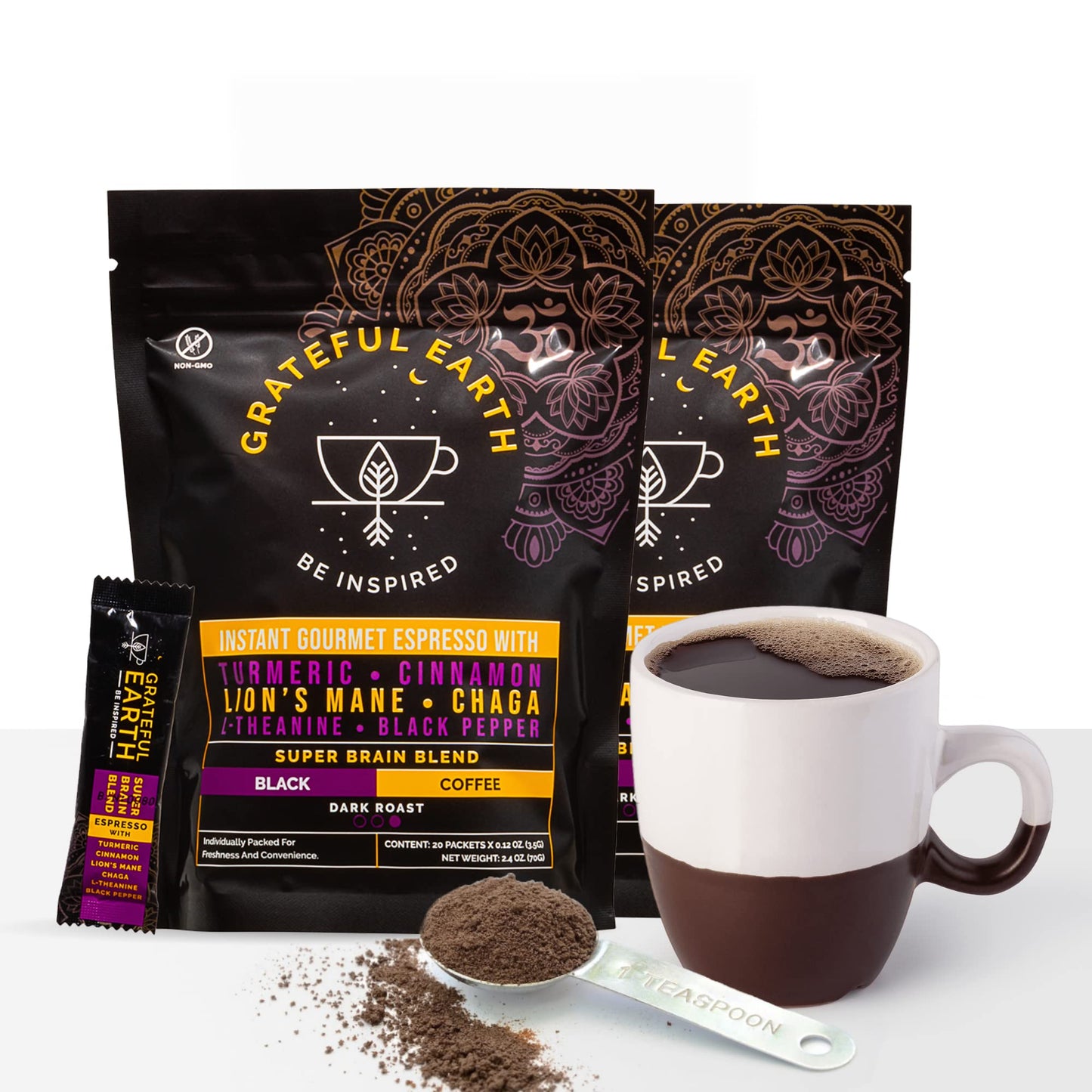 Grateful Earth Mushroom Coffee  Espresso Instant Coffee with Cinnamon  Turmeric  Lions Mane Mushrooms  L-Theanine  Chaga Super Brain Blend  Energy & Immune Support  Dairy & Gluten Free  2 Bags  40 Ct