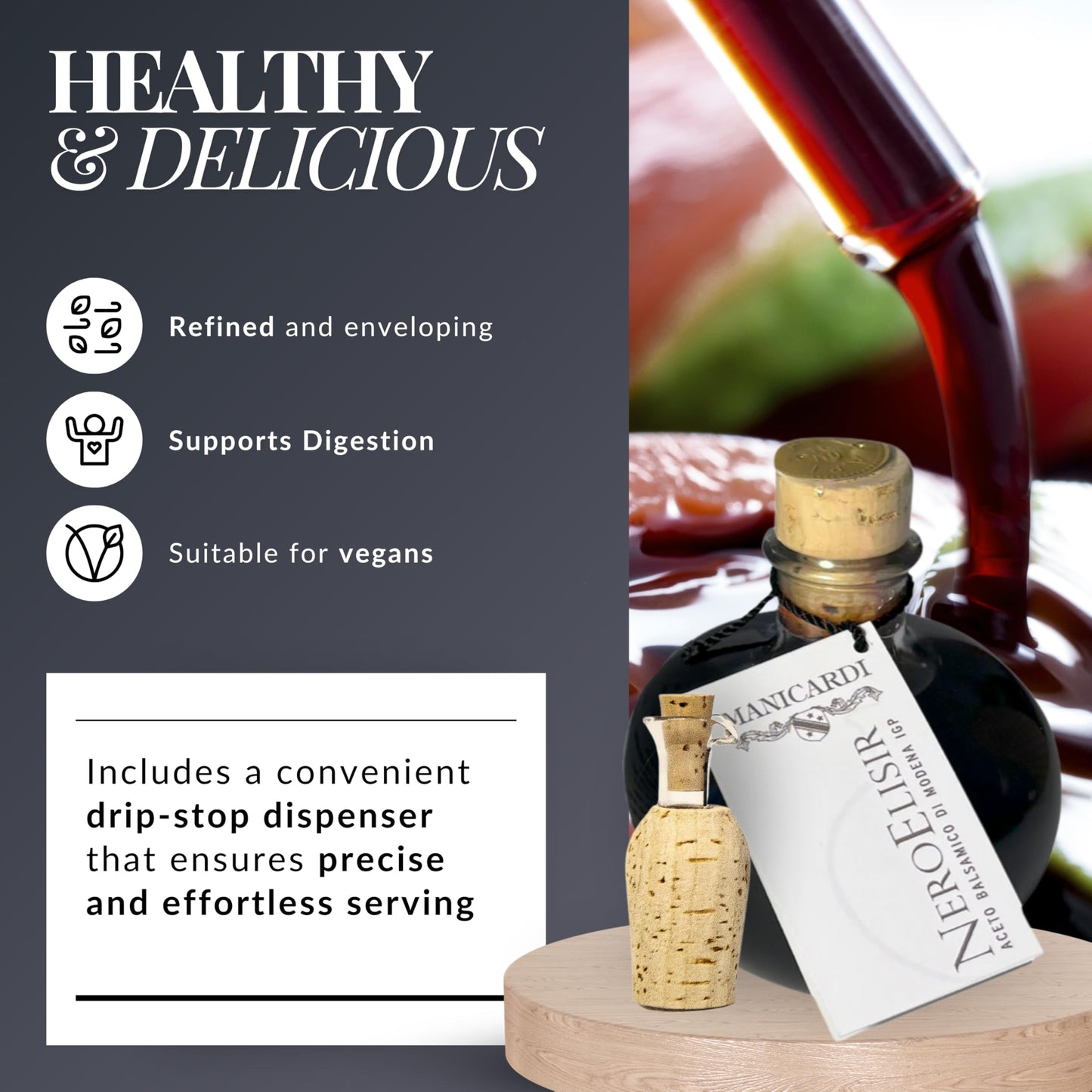 Manicardi Traditional Balsamic Vinegar Of Modena Pgi - Black Elisir With Drip-Stop Dispenser Perfect For Snacks, Pasta, Vegetabl