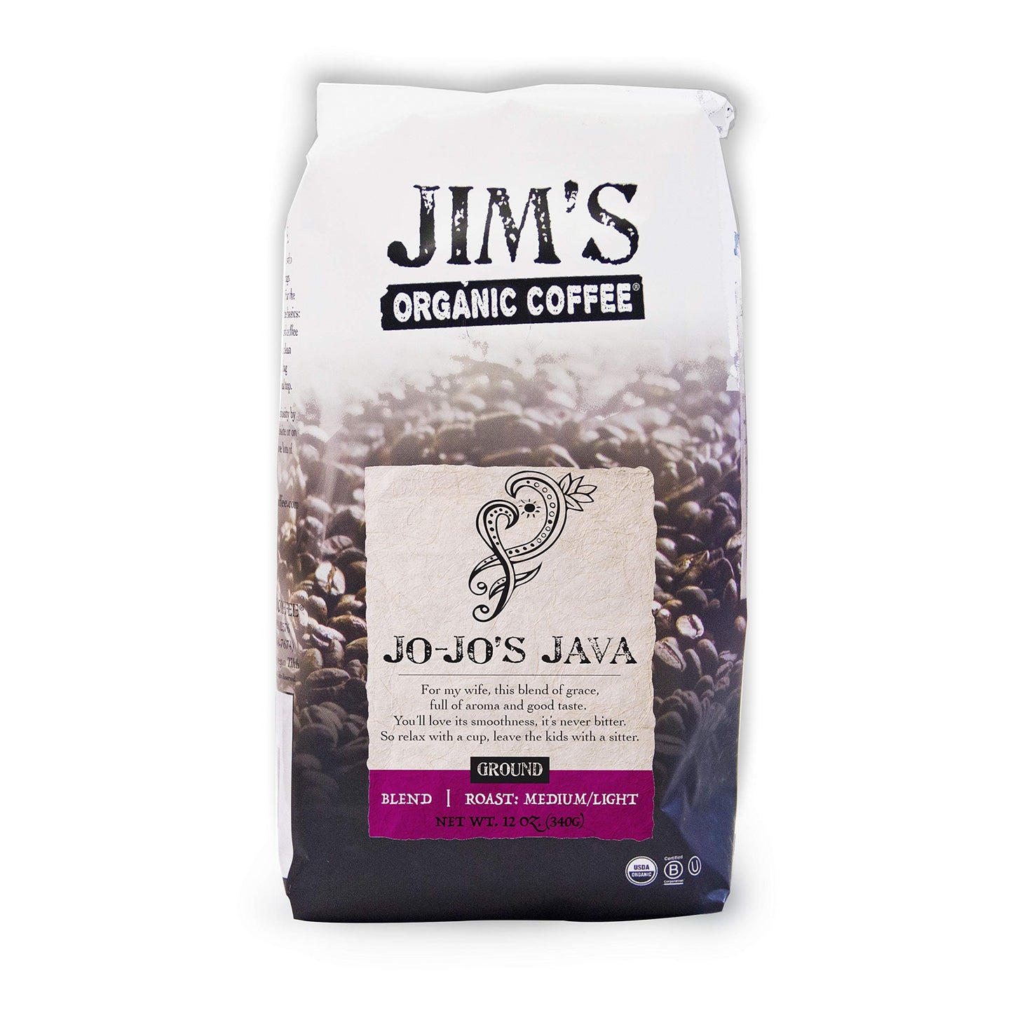 Jims Organic Coffee - Jo-Jos Java Blend: Ground Coffee - Medium/Light Roast 12oz Bag- Certified Organic, Regeneratively Grown, 