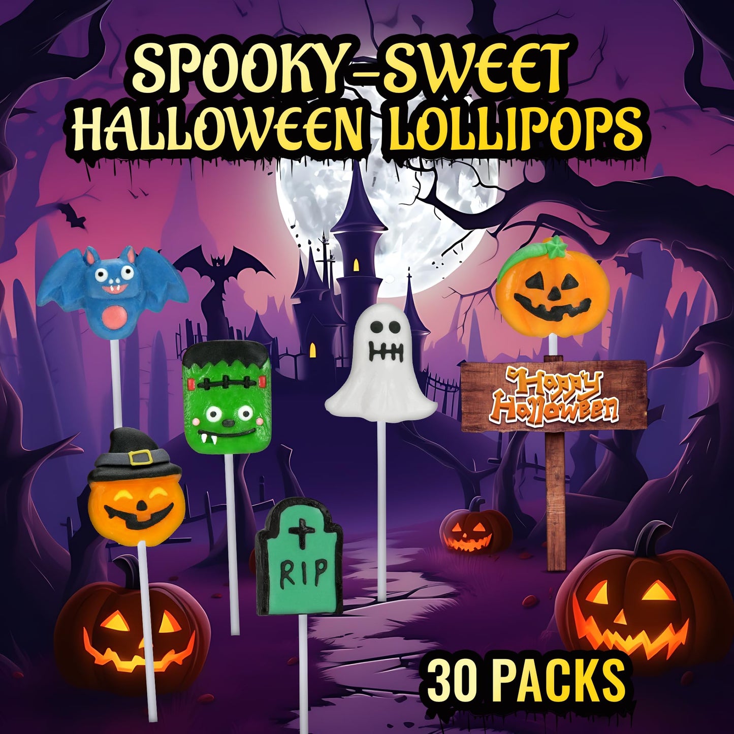 Auebriy Halloween Lollipop Suckers - 30 Pack Fruity Candy - Individually Wrapped - Colorful - Perfect for Trick or Treat and Party Favors
