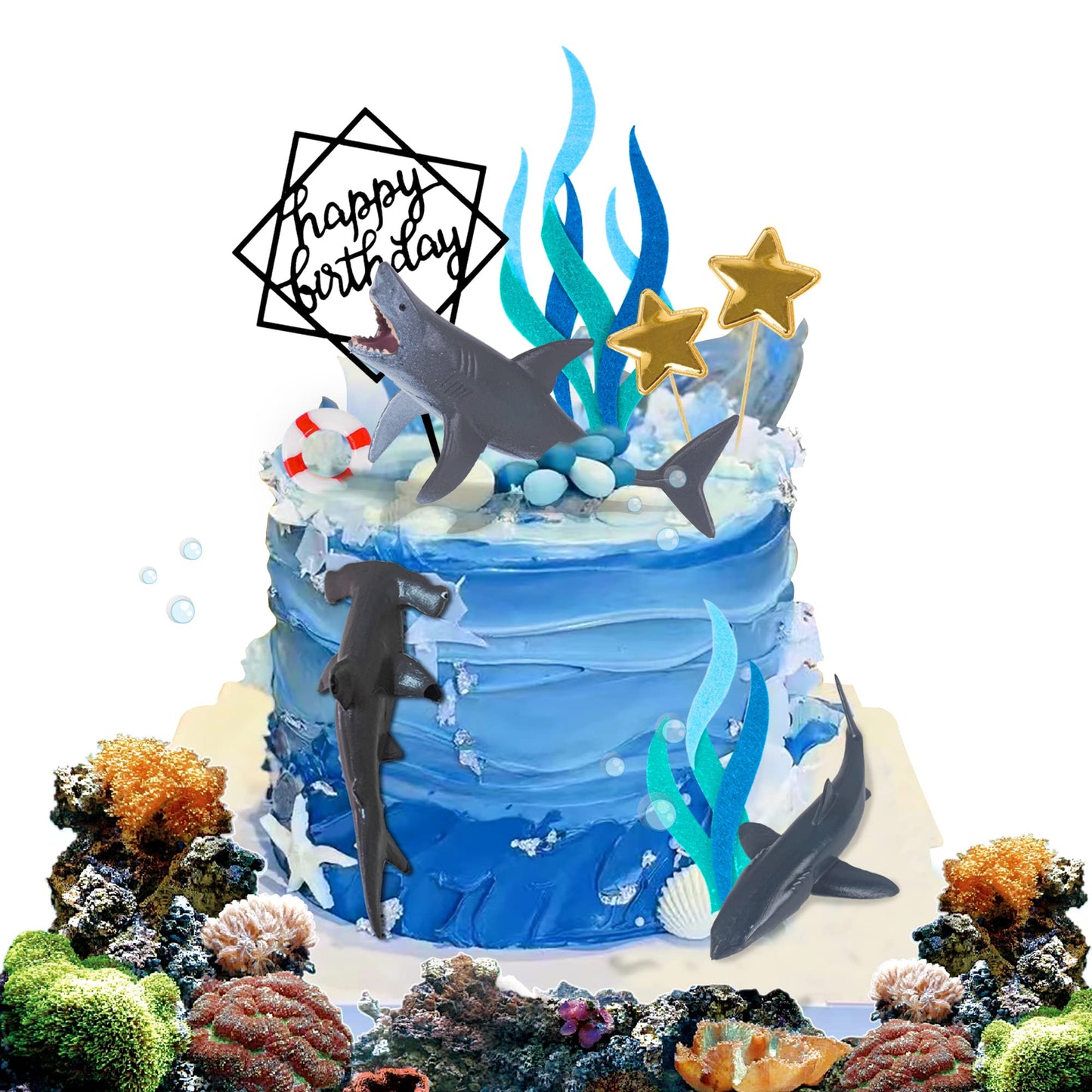 BANBALLON Shark Cake Topper Set - 9 Vibrant Shark Figurines for Kids Baby Shower Ocean Theme Birthday Party
