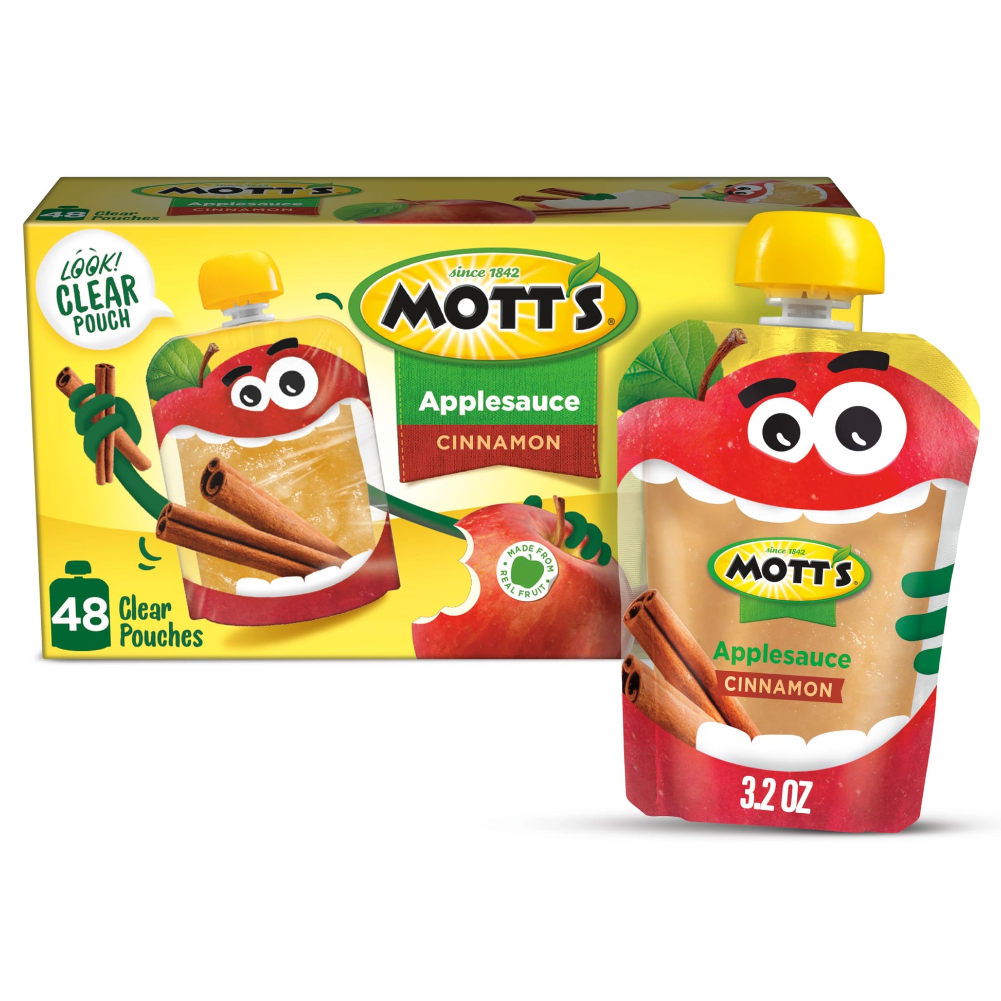 Mott'S Cinnamon Applesauce, 3.2 Oz Clear Pouches, 48 Count (4 Packs Of 12), No Artificial Flavors, Good Source Of Vitamin C, Nut