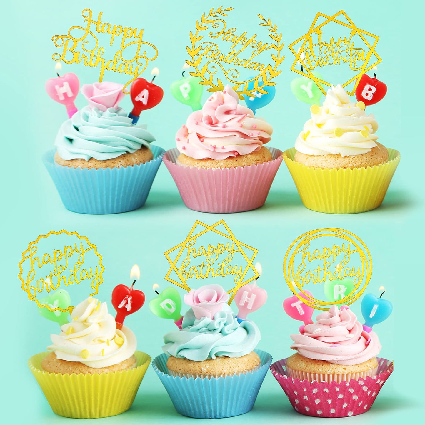 Macarrie 40 Pcs Birthday Cake Topper Set, Gold Acrylic Glitter Decor, 20 Different Shapes