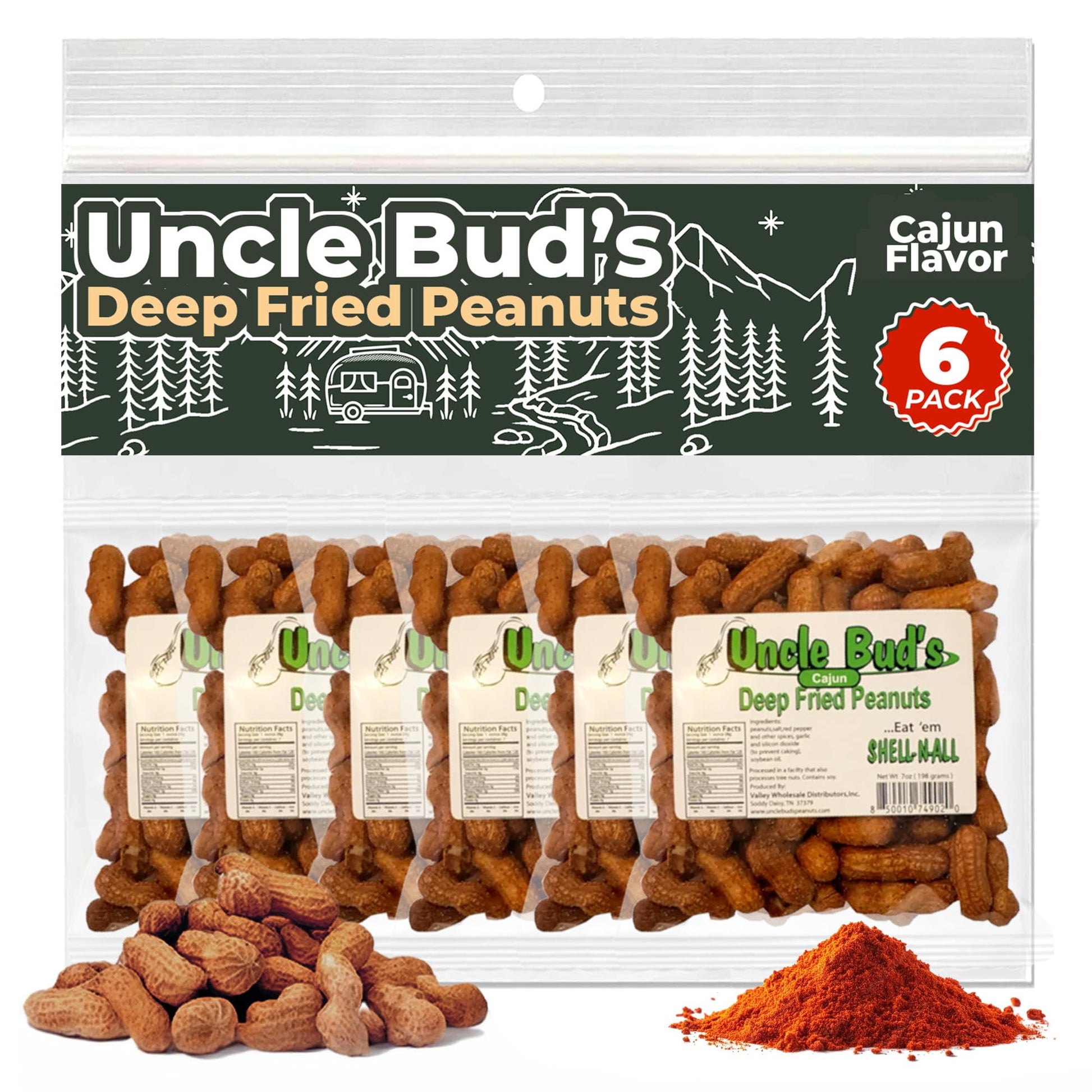 Jerky-n-Spice Uncle Buds Deep Fried Peanuts - Spicy Cajun Flavor, 6-Pack, 7 inches, Crunchy Hot Peanut Snacks