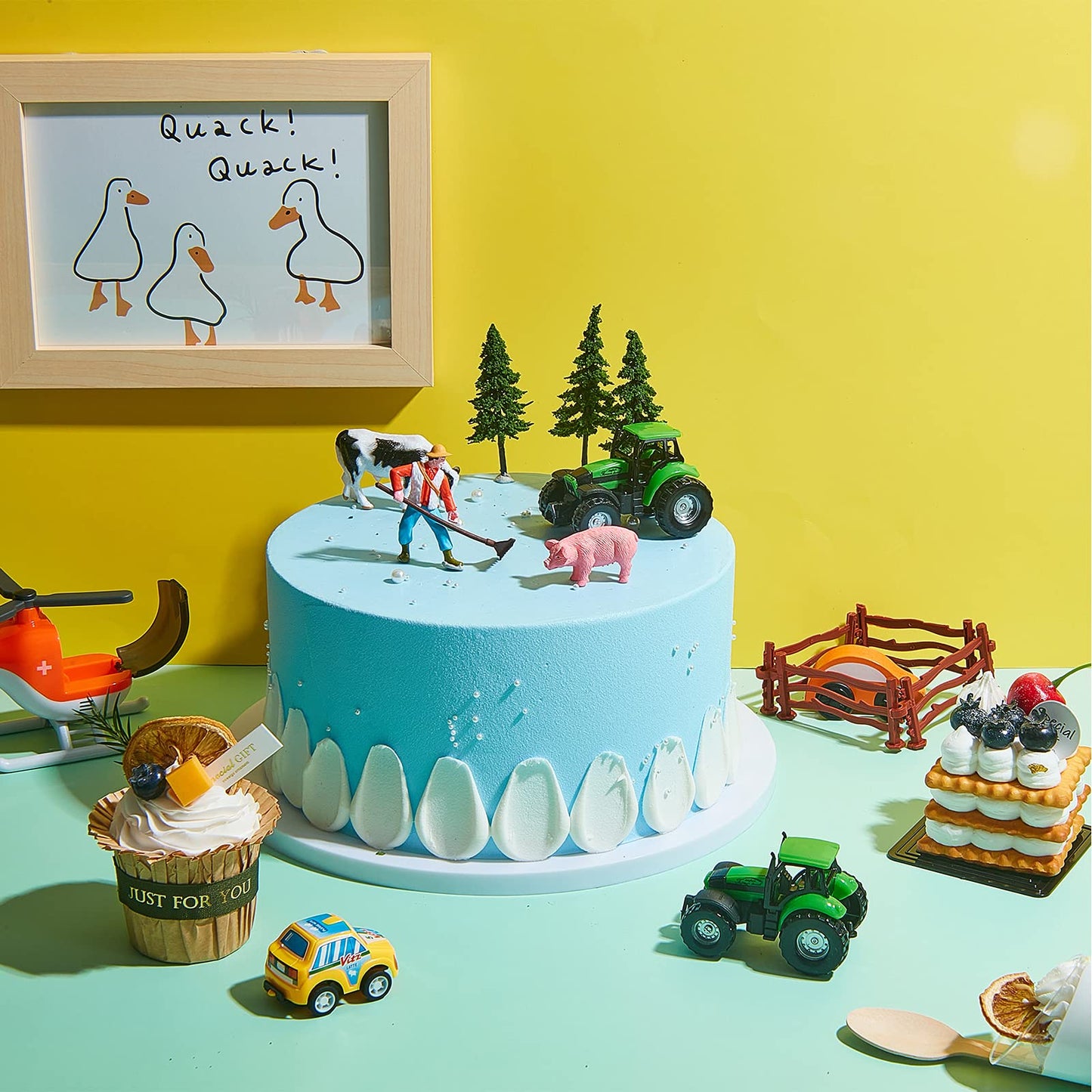 12 Pieces Farm Animal Tractor Cake Topper Set With Tree Farmer Fences Mini Barn Animal Figurines For Farm Animal Theme Party Bab