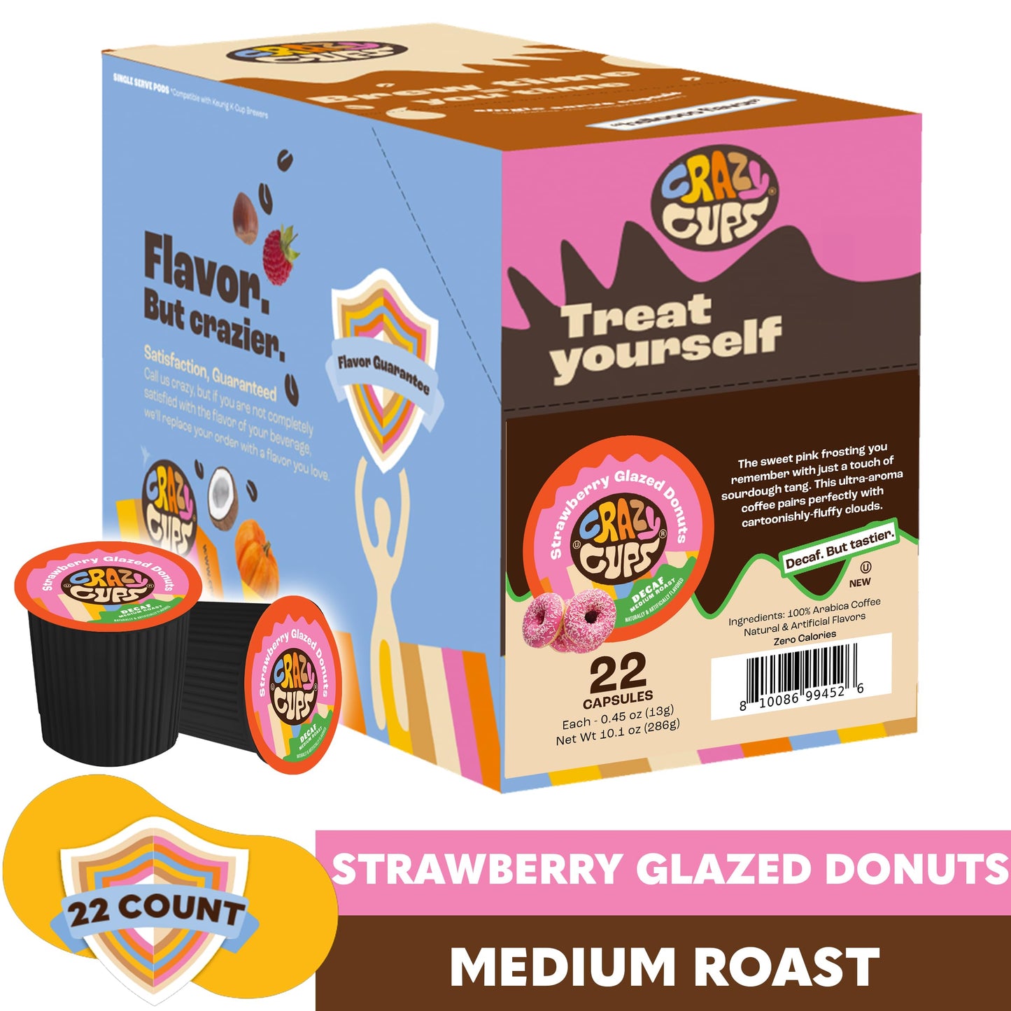 Crazy Cups Decaf Strawberry Glazed Donut Flavored Coffee Pods, Single-Serve Medium Roast Coffee Cups For Keurig K-Cup Machines,