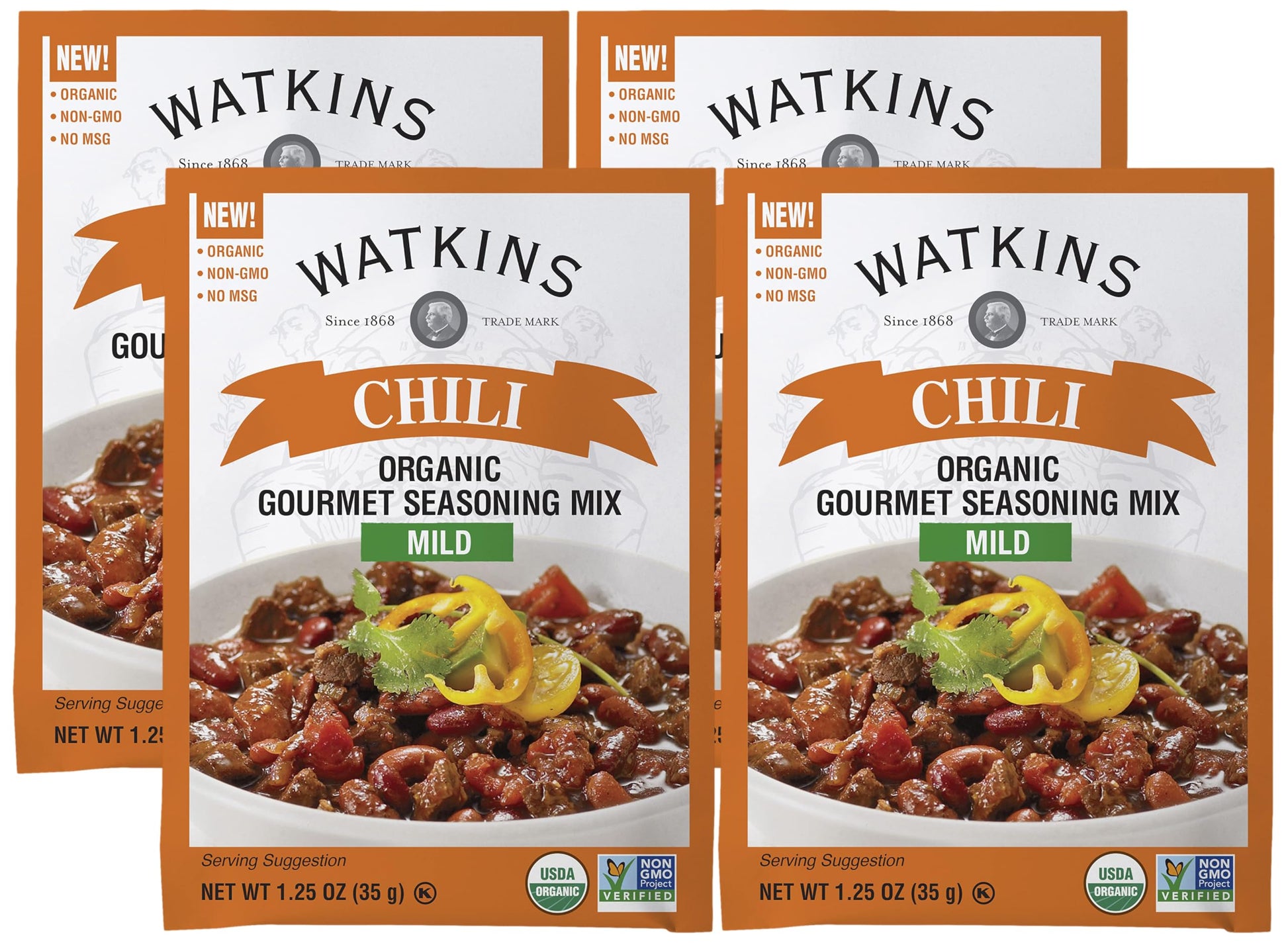 Watkins Organic Gourmet Seasoning Mix, Mild Chili, 1.25 Oz. Pouch, 1 Count (Pack of 4)