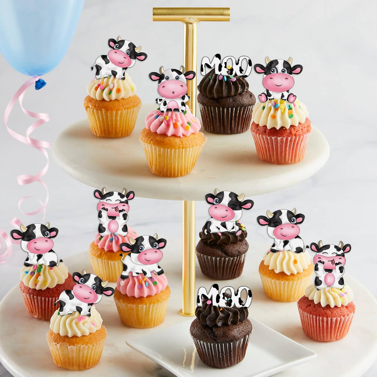 Cyodoos Edible Cow Cupcake Toppers - 40Pcs Wafer Paper Farm Animal Picks for Kids Birthday Party Decorations