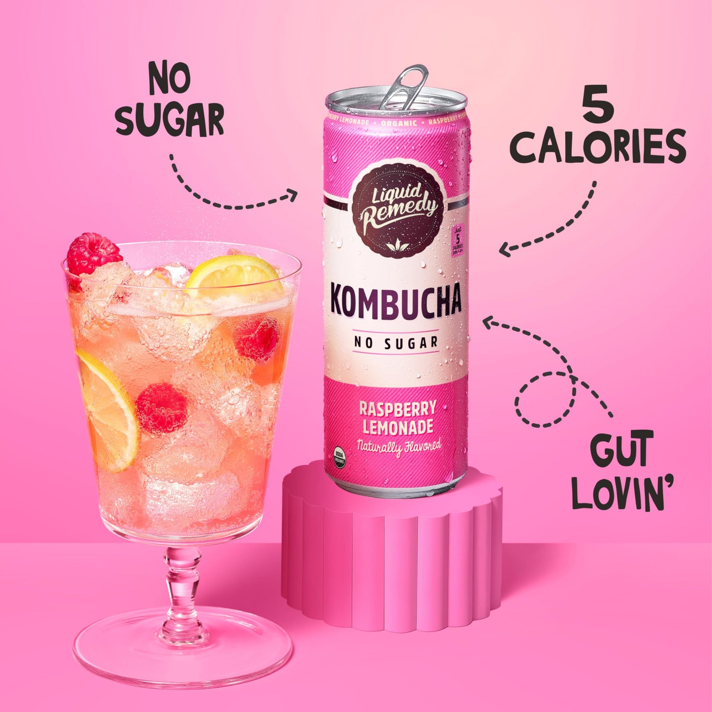 Liquid Remedy Kombucha Sugar Free Organic Drink, Low Calorie, Probiotic Like Tea for Gut Health - Raspberry Lemonade - 12 Fl Oz