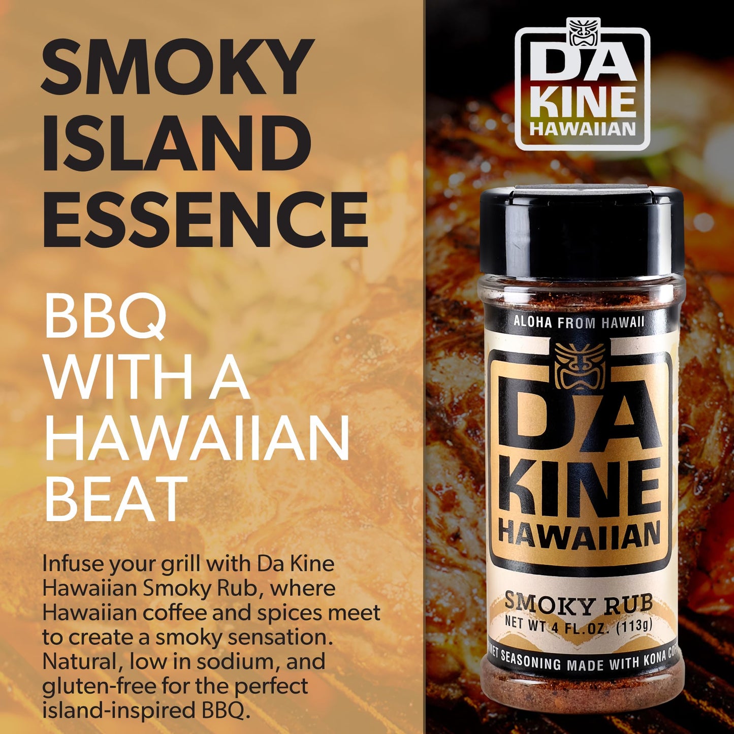 Da Kine Hawaiian BBQ Dry Rub Seasoning - Gluten-Free, Low Sodium, Smoky Flavor - 4 oz Pack