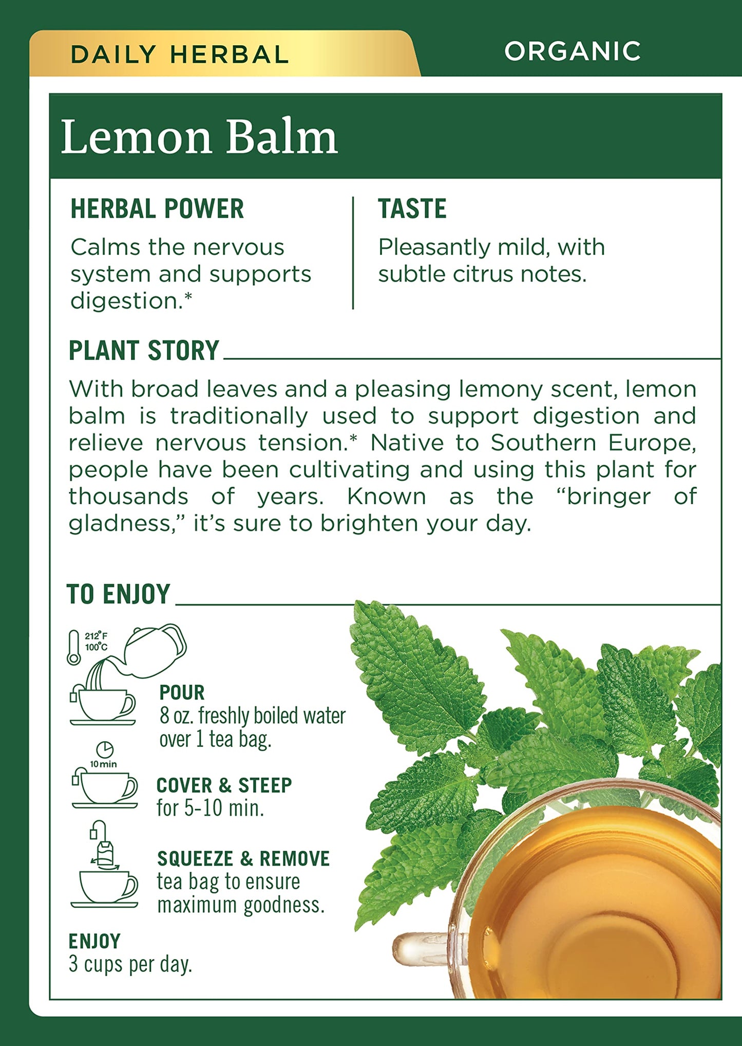 Traditional Medicinals Organic Lemon Balm Herbal Tea - 16 Bags per Pack, 0.85 Ounce (Pack of 6)