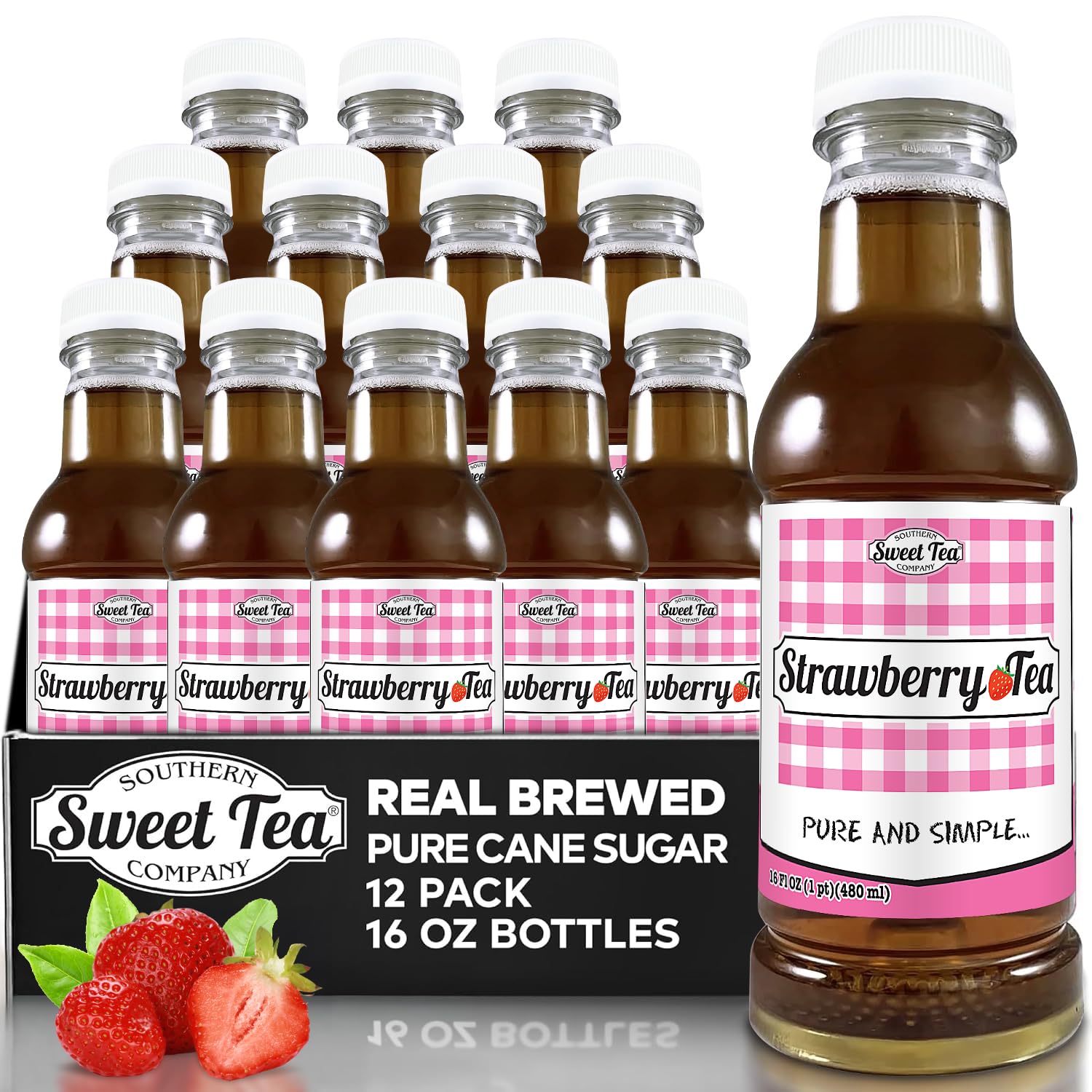Iced Tea Strawberry, Real Brewed, Pure Cane Sugar, Caffeinated All Natural, No Artificial Flavors by Southern Sweet Tea Company 