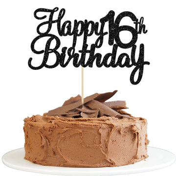 Gyufise 1Pack Happy 16Th Birthday Cake Topper Black Glitter Happy 16 Birthday Cupcake Topper 16 Birthday Cake Decoration For Che