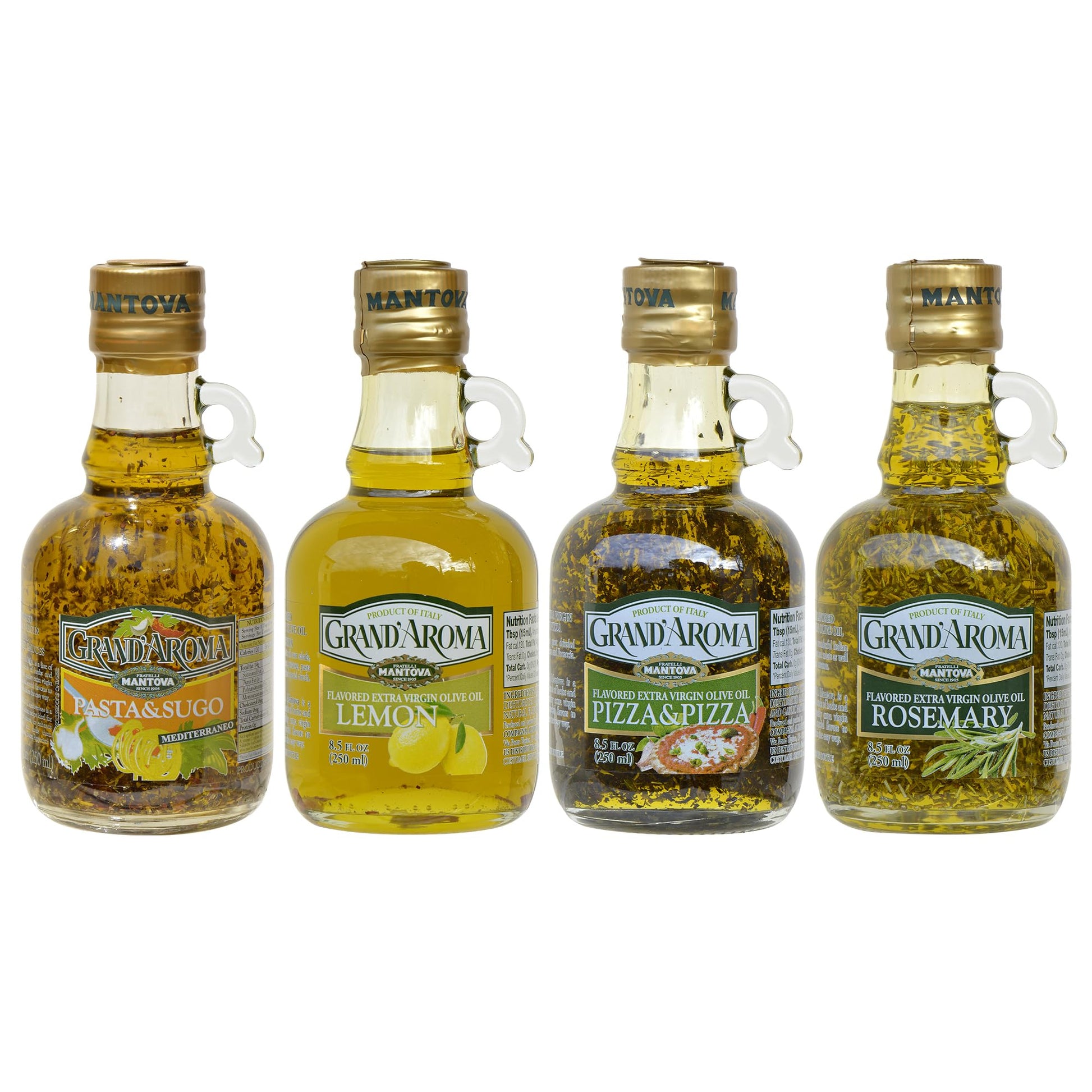 Mantova GrandAroma Flavored Extra Virgin Olive Oils, Variety Gift Set, 8.5 Oz Bottles, Pasta & Sugo, Pizza & Pizza, Rosemary, L
