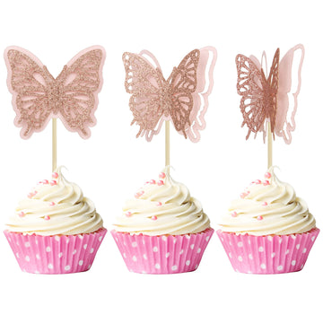 Gyufise 24Pcs Butterfly Cupcake Toppers Glitter Hollow 3D Butterfly Cupcake Picks Decoration For Butterfly Theme Wedding Anniver