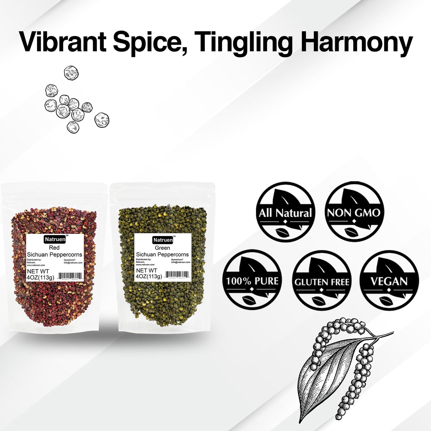 Natruen Szechuan Red & Green Peppercorns Variety Pack, 4 Oz Each, Whole, Pack of 2