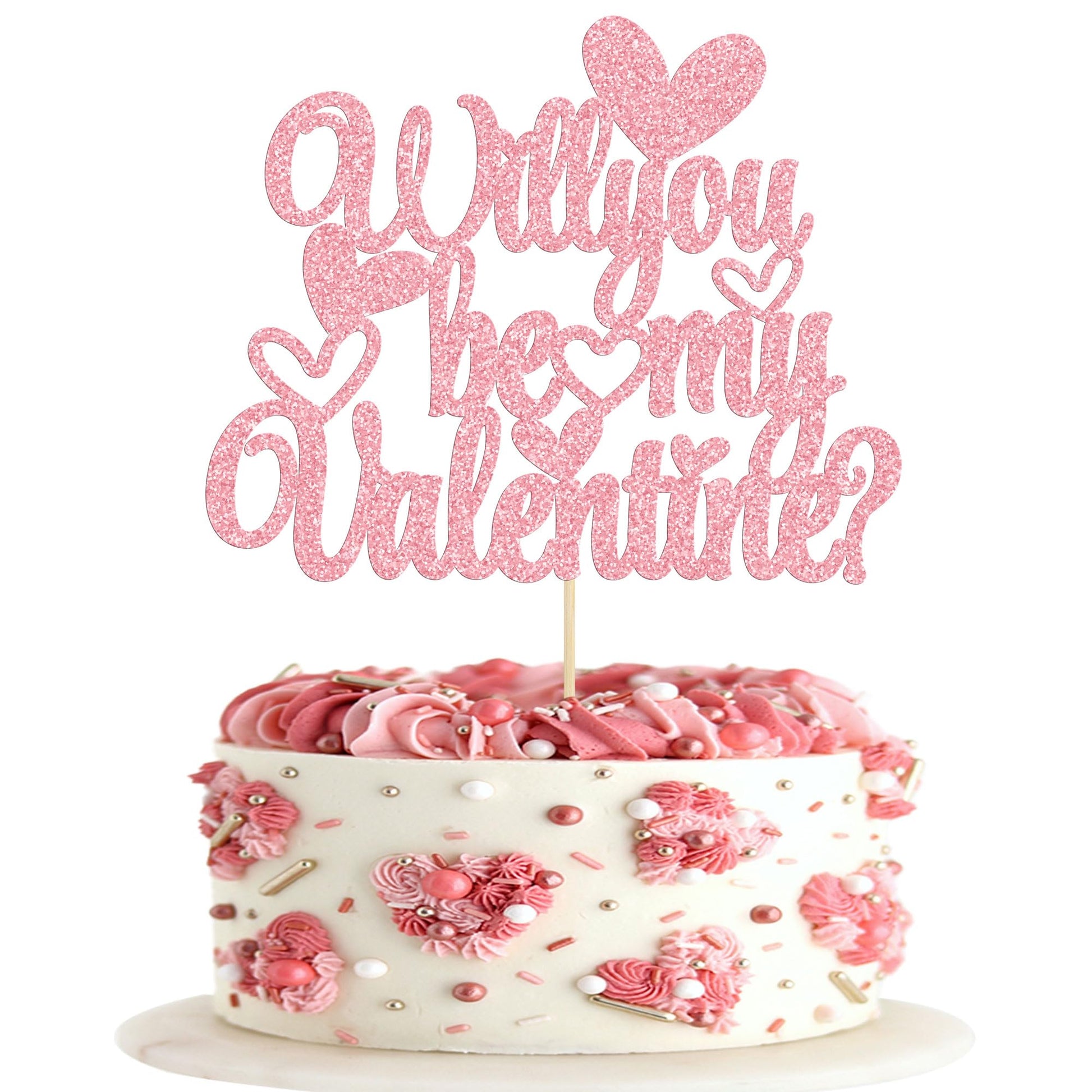 Gyufise 1Pc Will You Be My Valentine Cake Topper Pink Glitter Sweet Love ValentineS Day Cake Picks Happy ValentineS Day Wedding Bridal Shower Birthday Party Cake Decorations