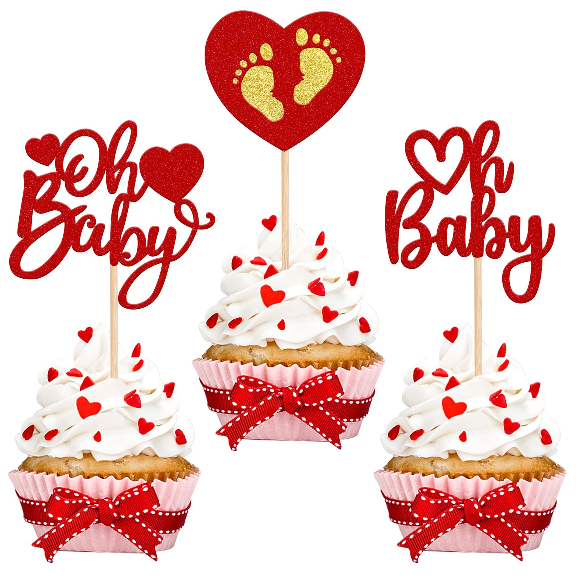 24 Pcs Oh Baby Cupcake Toppers Glitter Baby Feet Sweet Love Heart ValentineS Day Cupcake Picks For Love ValentineS Day Theme Baby Shower Birthday Party Cake Decorations Supplies Red