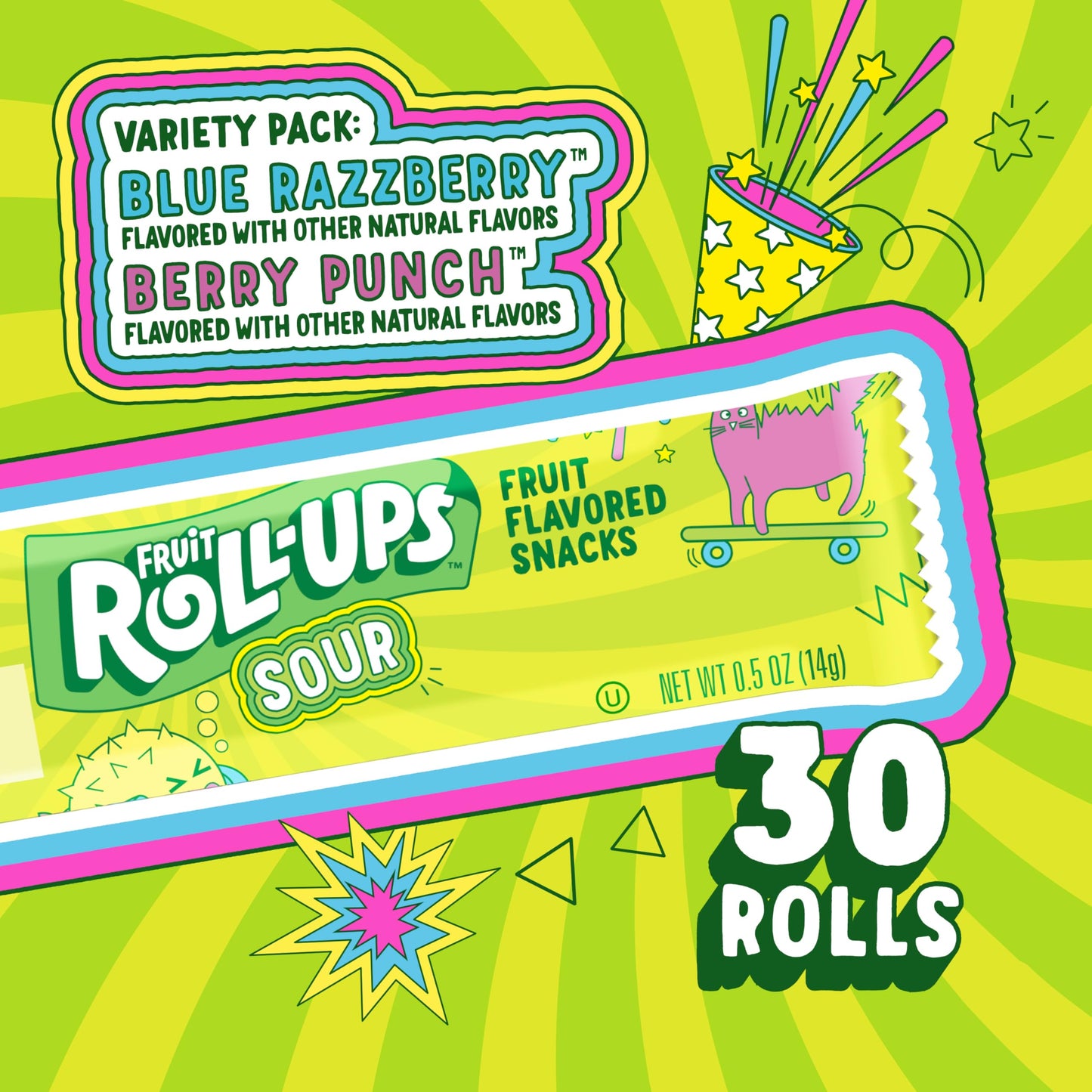 Fruit Roll-Ups Sour Fruit Flavored Snacks, Blue Razzberry & Berry Punch Flavors, Variety Pack, 15 Oz (30 Count)