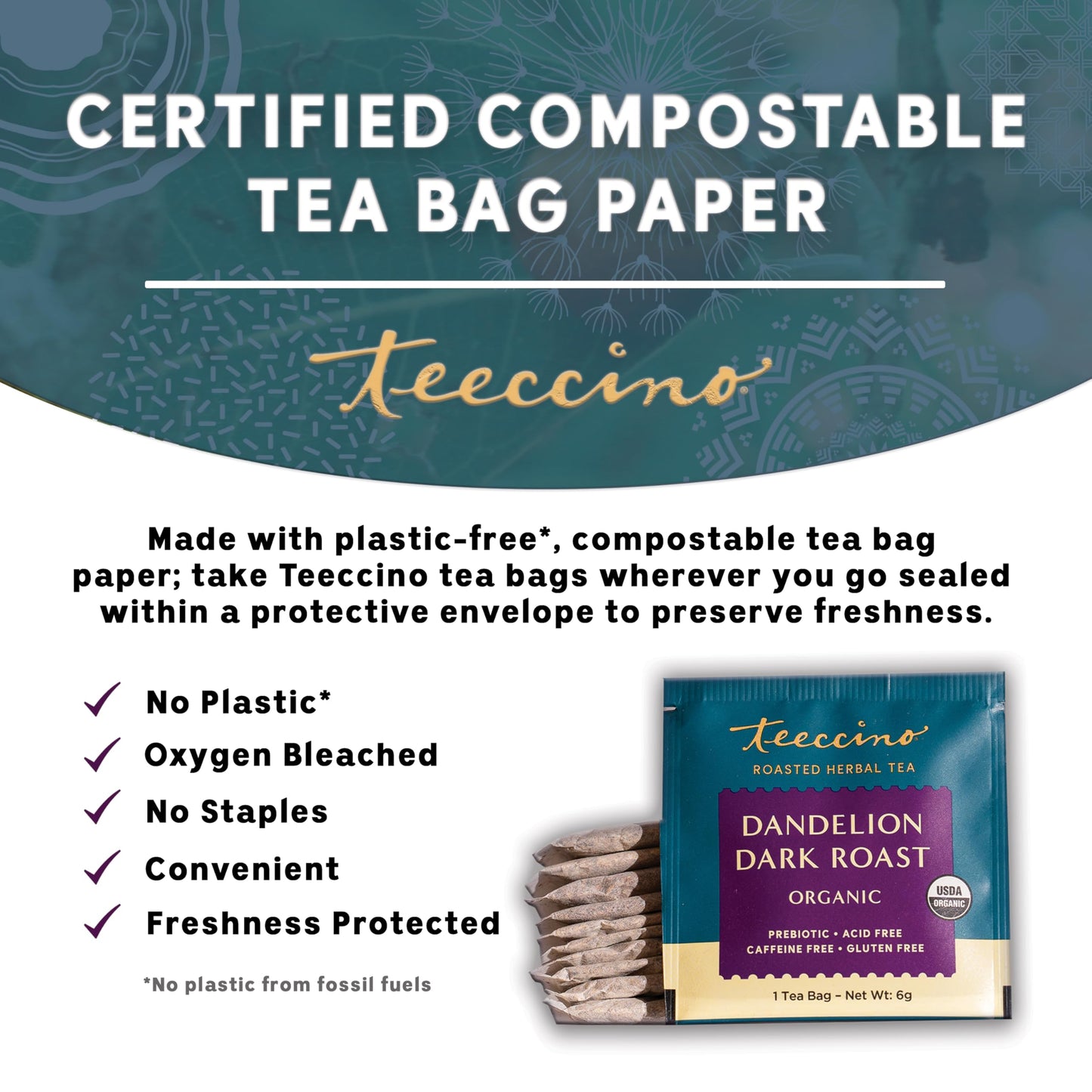 Teeccino Dark Roast Dandelion Herbal Tea - Caffeine Free & Prebiotic, 25 Count (Pack of 3)