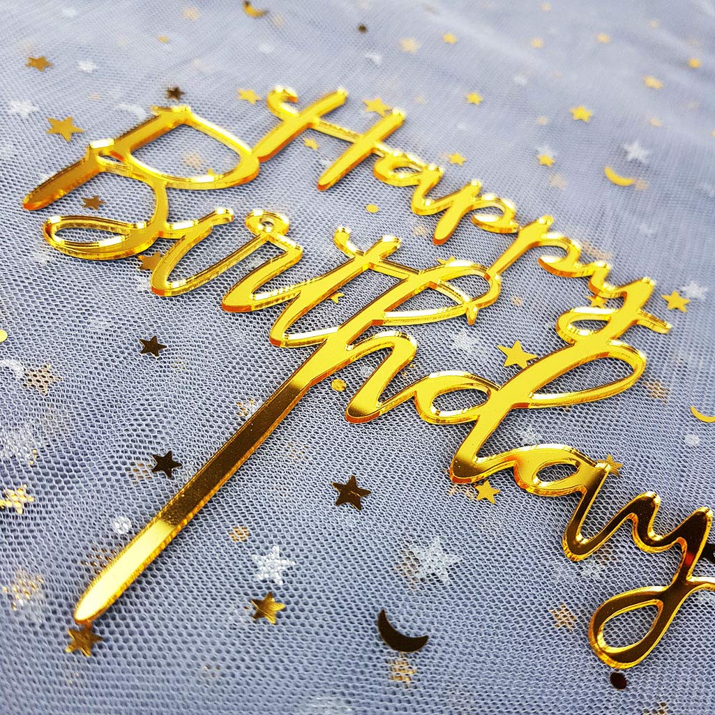 Happy Birthday Cake Topper For Birthday Party Decorations, Mirror Gold Acrylic