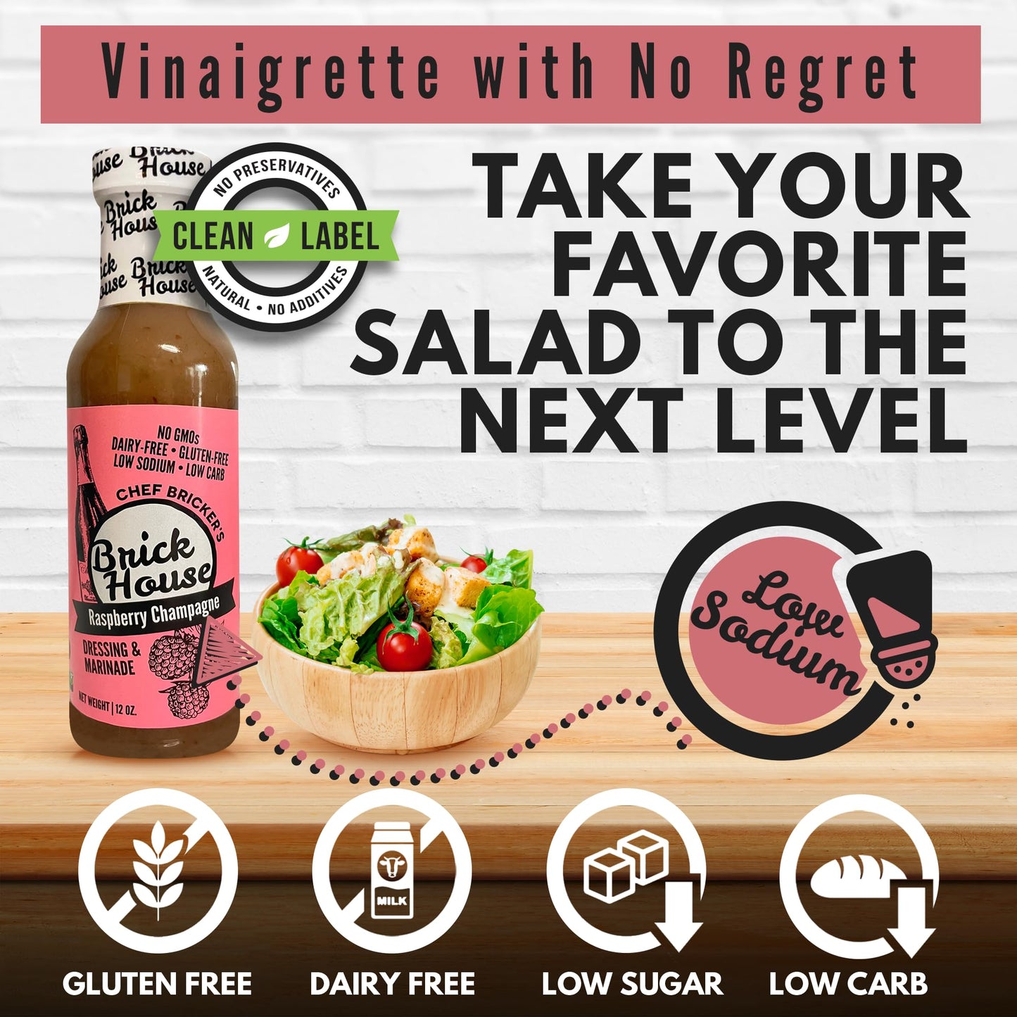 Brick House Raspberry Vinaigrette Salad Dressing - Low Sodium, Low Carb, Gluten Free, 12 oz