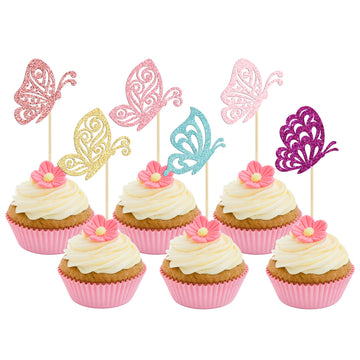 24Pcs Butterfly Cupcake Toppers Multicolor Glitter Assembled Mixed Styles Hollow Butterfly Cupcake Picks Baby Shower Cake Decora