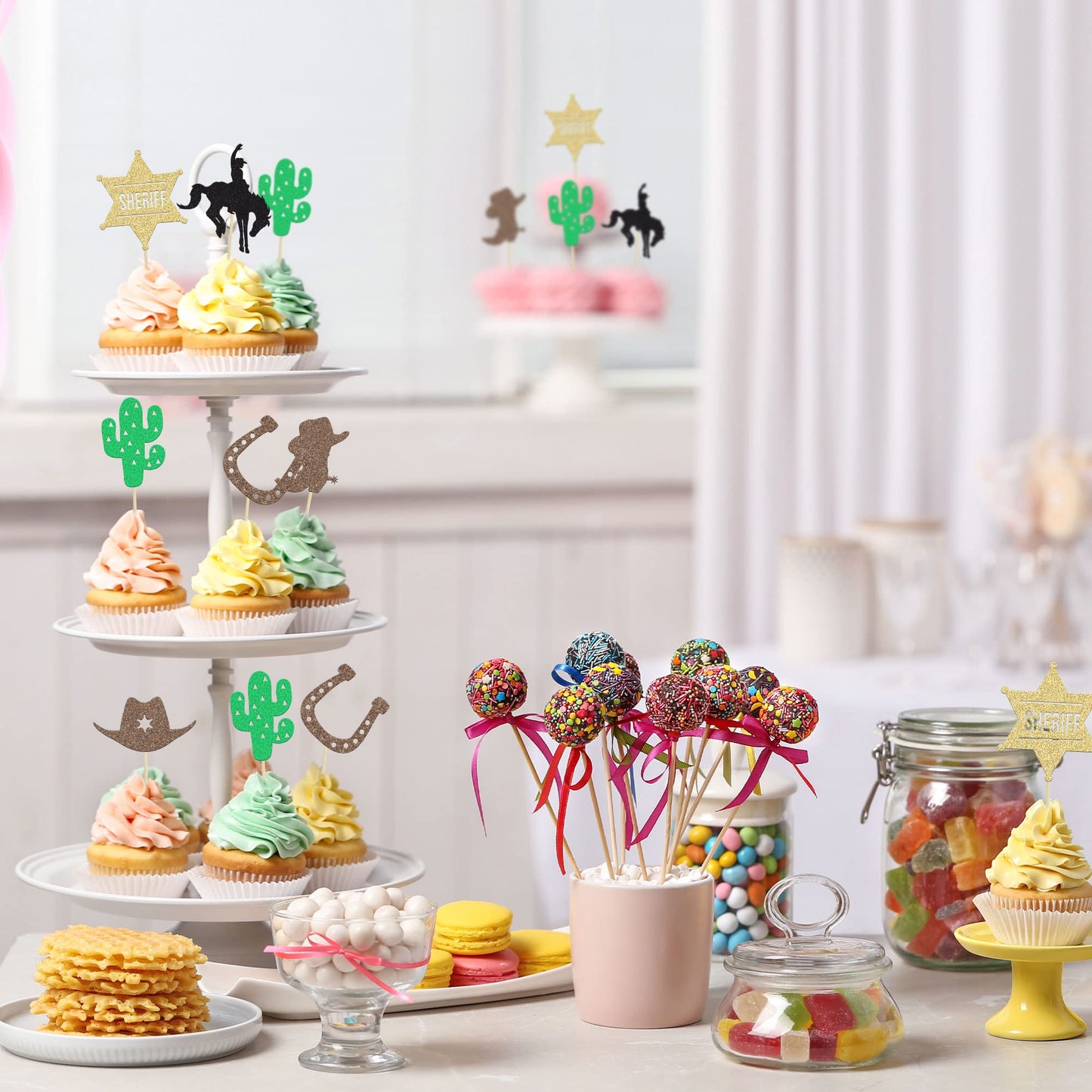 Gyufise Cowboy Cupcake Toppers, 24Pcs Glitter HorseShoe & Hats, Small, Brown, Paper Decorations for Western Theme Parties