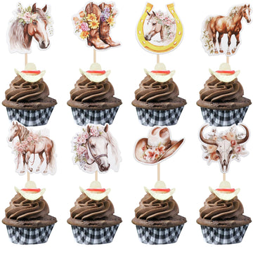 ZHUOWEISM 40 PCS Horse Cupcake Toppers - Western Cowgirl Cupcake Picks - Floral Horseshoe Hat Boots - Cake Decorations for Horse