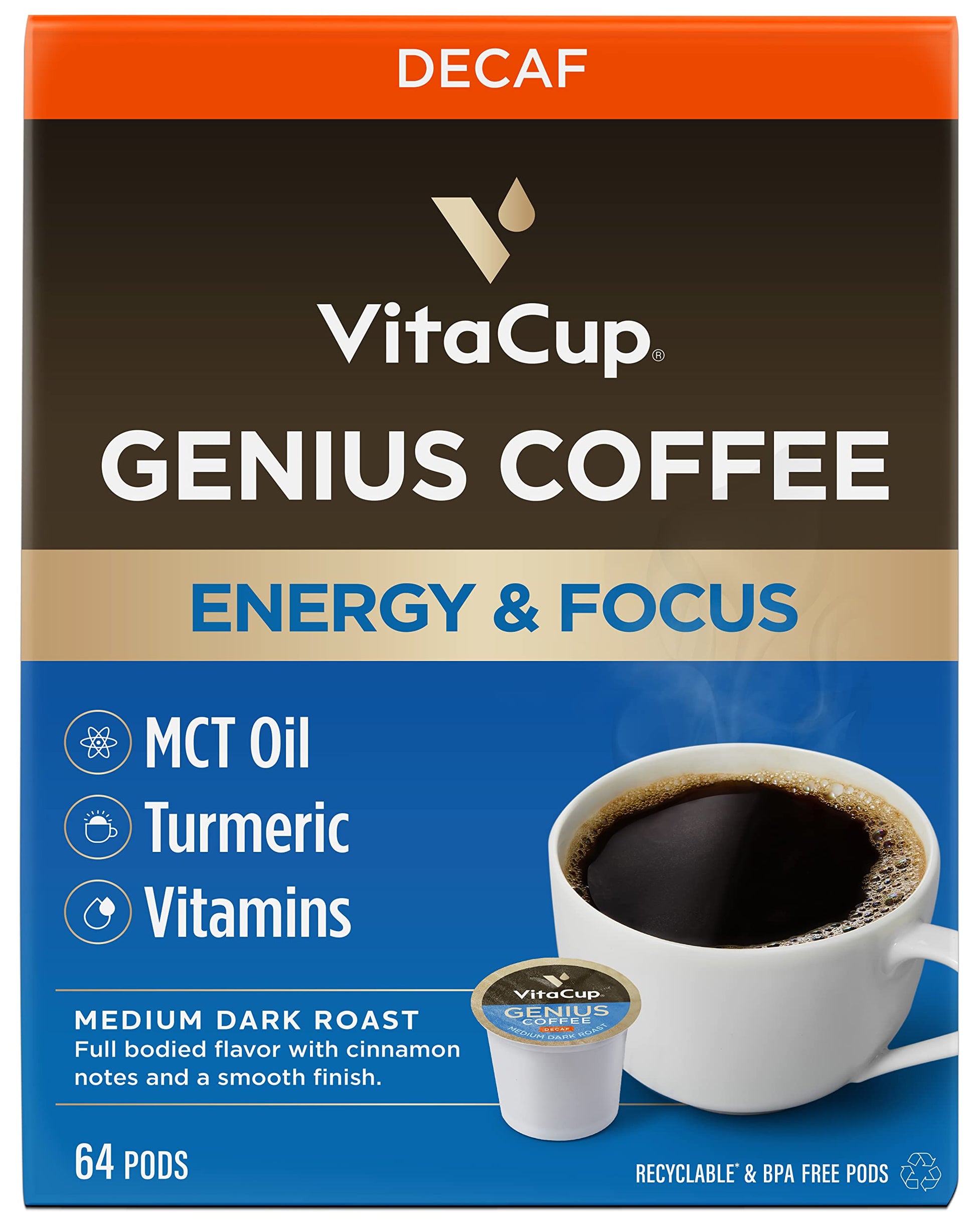 VitaCup Decaf Genius Keto Coffee Pods with MCT Oil, Turmeric & Vitamins, 64 Count, Compatible with K-Cup Brewers