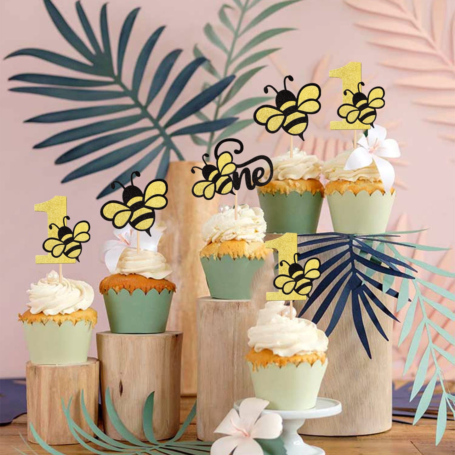 24 Pcs Bumble Bee One Cupcake Toppers Black And Gold Glitter Number 1 Bee Cupcake Picks First Birthday Cake Decorations For Baby