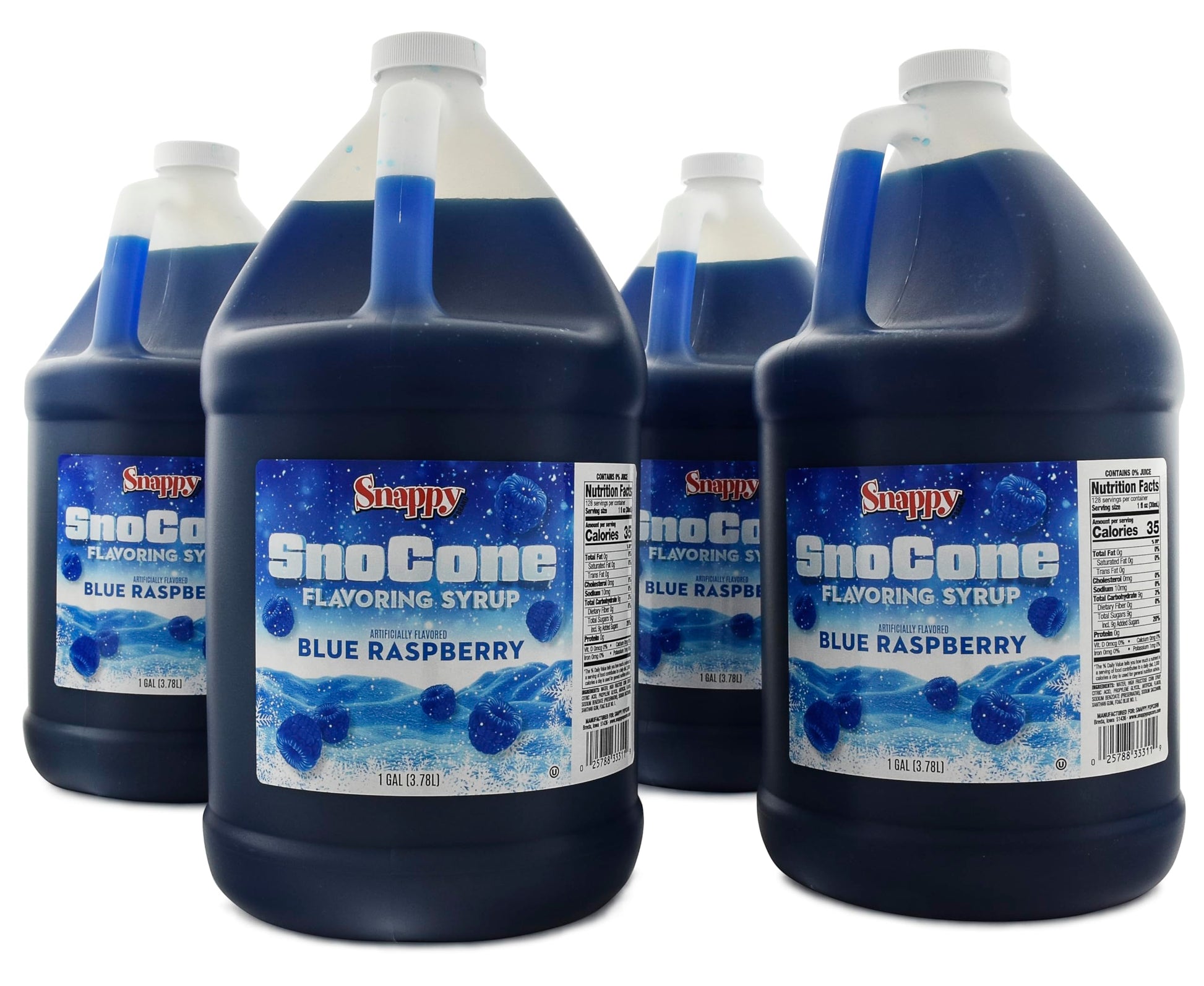 Snappy Blue Raspberry Sno Cone Syrup, 4-1 Gallon (128 ounces) Size, 4 Pack, Ready to Use For Snow Cone Machines, Flavored Syrup 