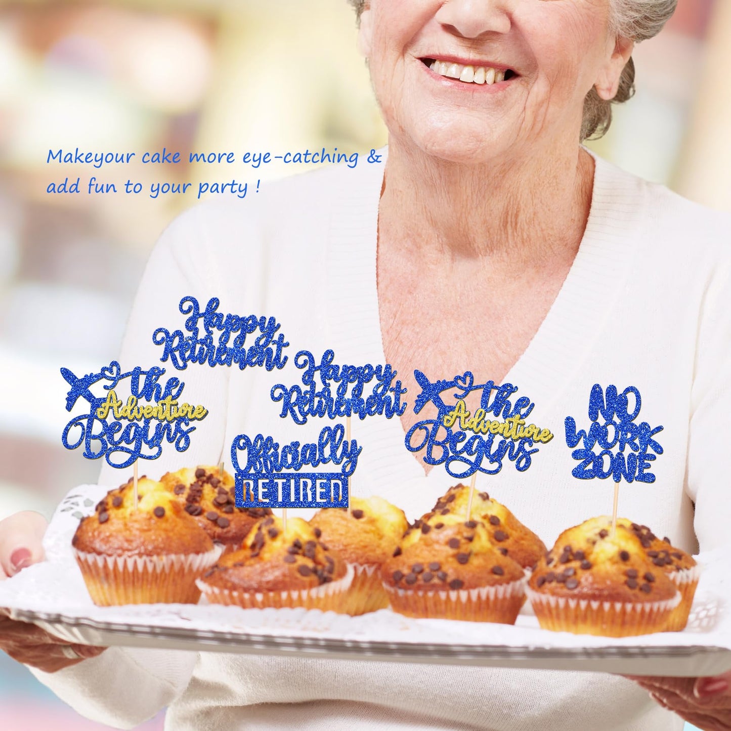 Rssta i Cupcake Toppers, 24 Pack Retirement Decoration, Glitter No Work Zone, Paper, 2.8 x 4.4 inches, Design 3 Blue