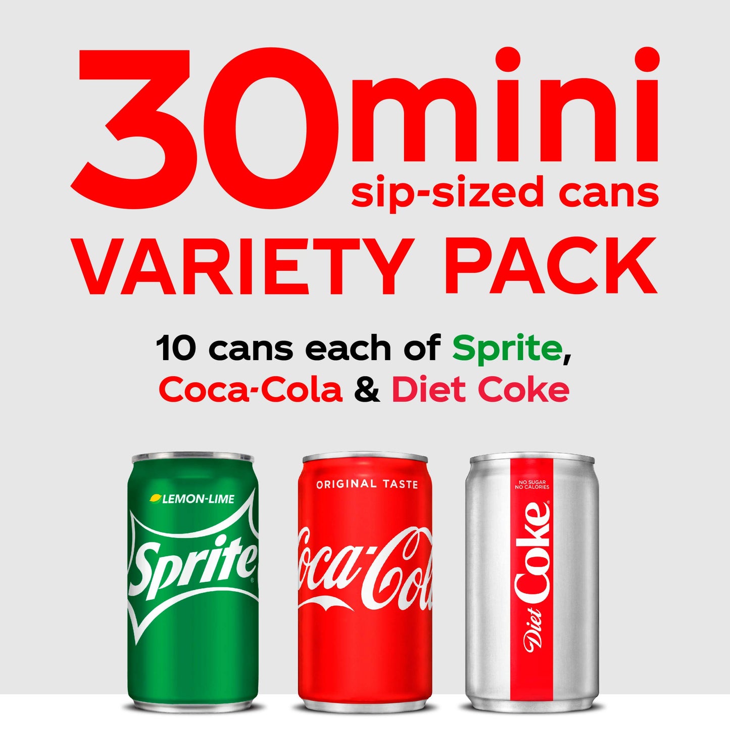Coca-Cola Mini Can Variety Pack, 30 Cans (10 Each: Coke Classic, Diet Coke, Sprite), 7.5 Fl Oz, Red/White/Clear