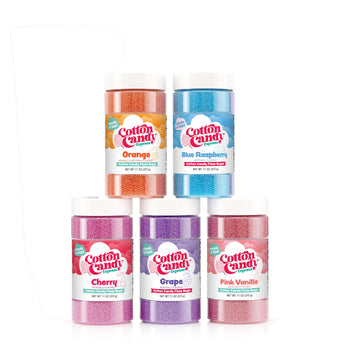 Cotton Candy Express Floss Sugar Variety Pack with 5 - 11oz Plastic Jars of Orange, Blue Raspberry, Pink Vanilla, Grape, & Cherr