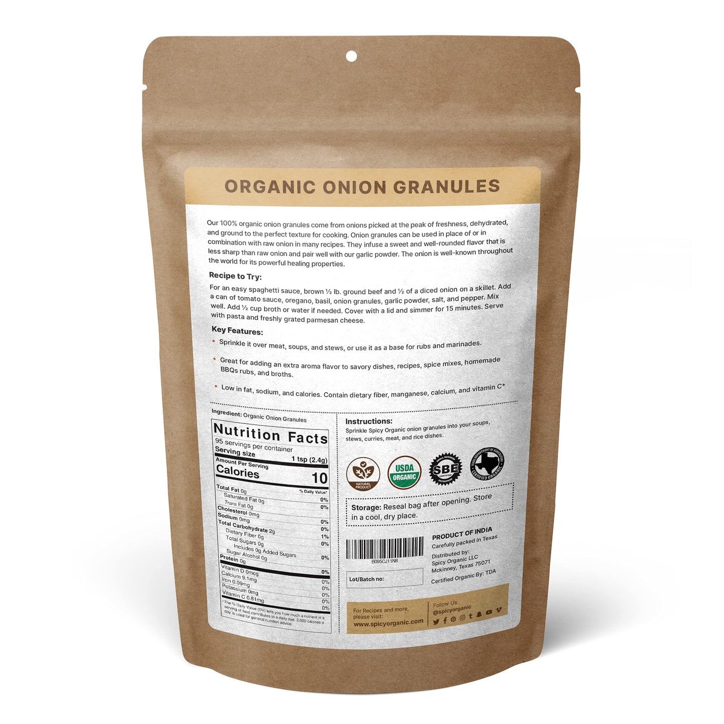 SPICY ORGANIC Onion Granules - USDA Organic Non-GMO Culinary Onion - 8 Ounce