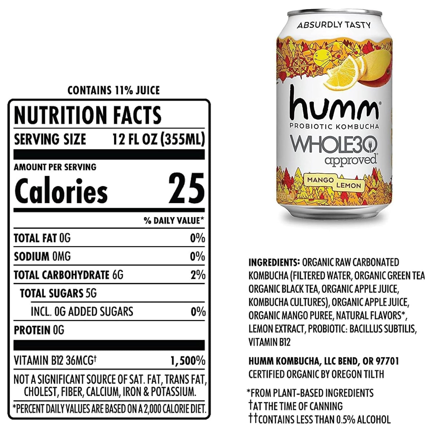 Humm Whole30 Approved Kombucha - Mango Lemon - Organic, Vegan & GMO-Free (12 Pack)